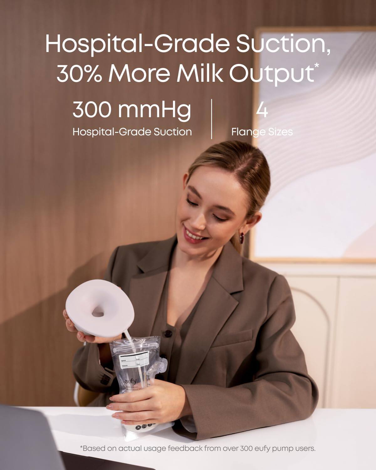 Hospital-Grade Suction, 30% More Milk Output* 300 mmHg 4 Flange Sizes Hospital-Grade Suction *Based on actual usage feedback from over 300 eufy pump users.