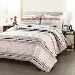 Hivvago - Full/Queen Lightweight Rustic Chevron Stripe Reversible 3 Piece Quilt Set - Red