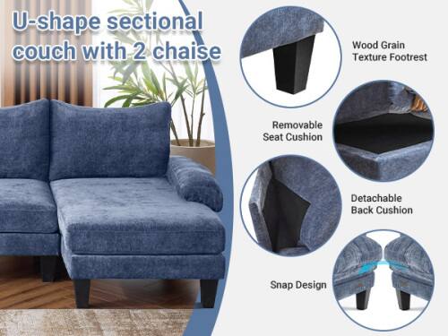 U-shape sectional couch with 2 chaise

- Wood Grain Texture Footrest
- Removable Seat Cushion
- Detachable Back Cushion
- Snap Design