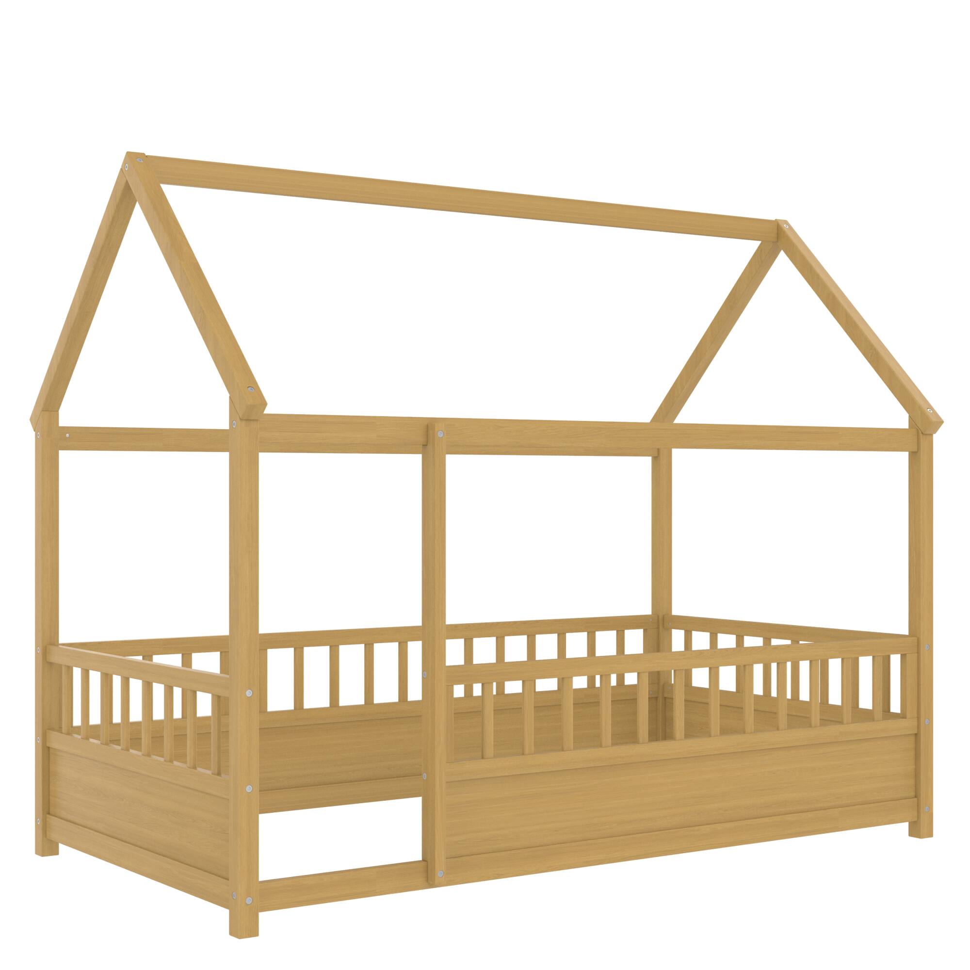 Alt View 4. GOODSILO - Twin Size Floor Bed with Playhouse Roof Design and Safety Guardrails for Children's Bedroom - Natural.
