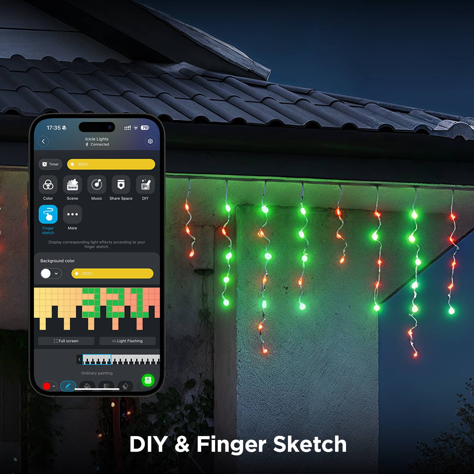 The text on the image reads: "17:35 : Finger Sketch: DIY & Finger Sketch. Display corresponding effects according to your finger sketch. Background color 100% - Pure Green Light Flashing. Ordinary painting."