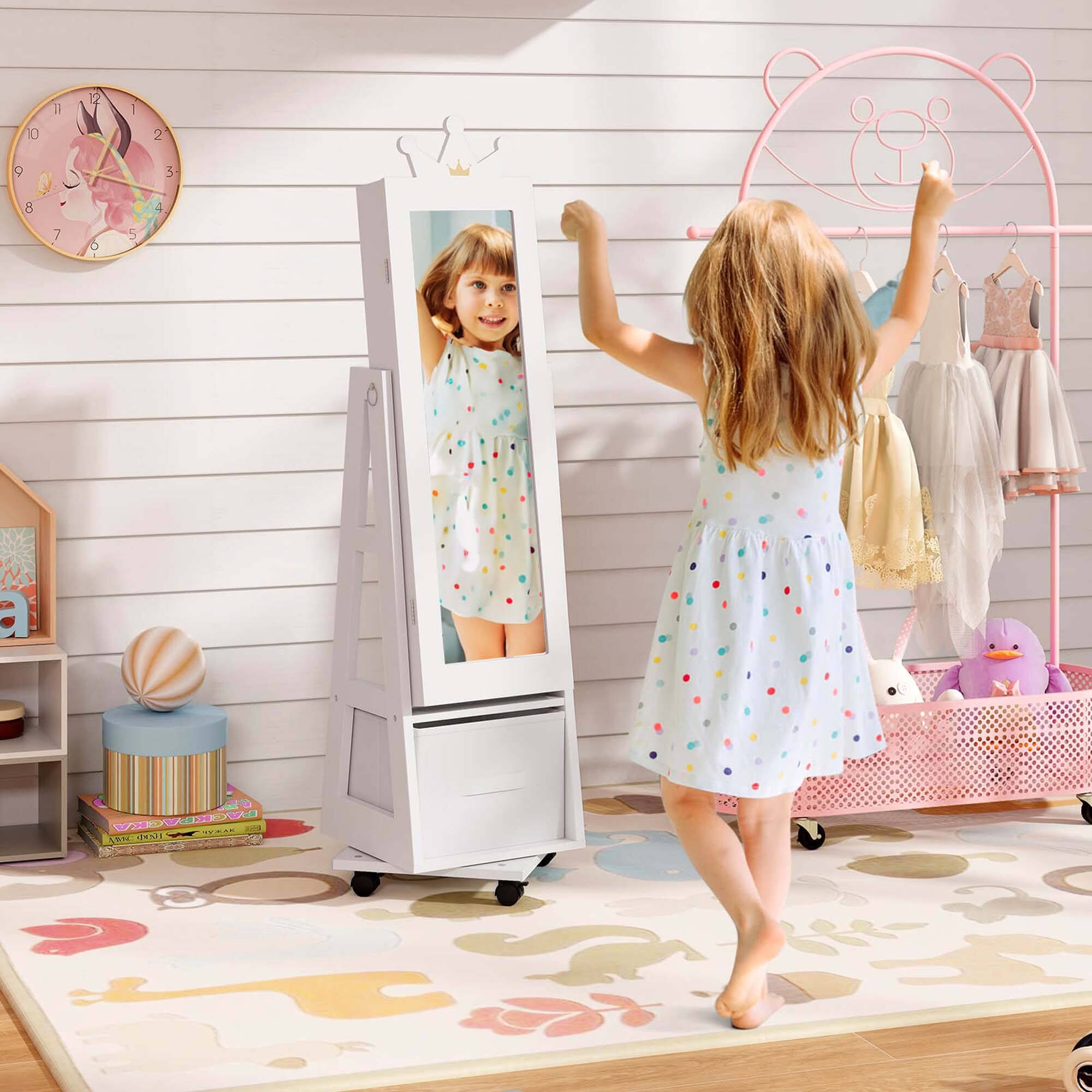 Alt View 3. Costway - Costway Kids Jewelry Cabinet with Full-Length Mirror Foldable Drawer Anti-toppling System - White.