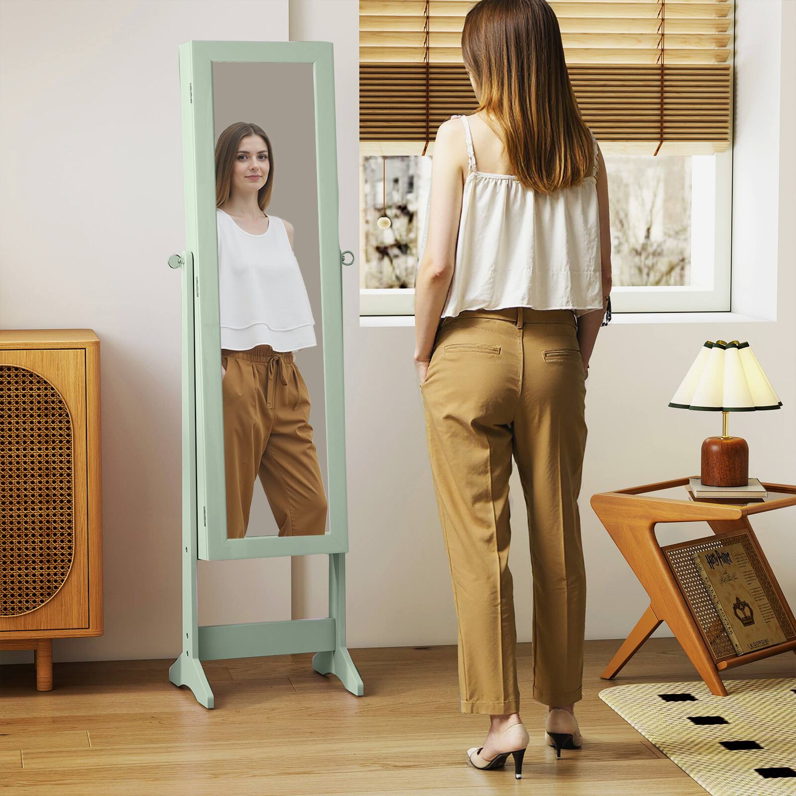 Alt View 3. Gymax - Gymax Mirrored Jewelry Armoire Standing Jewelry Cabinet w/ Full-Length Mirror Inner Makeup Mirror - Green.