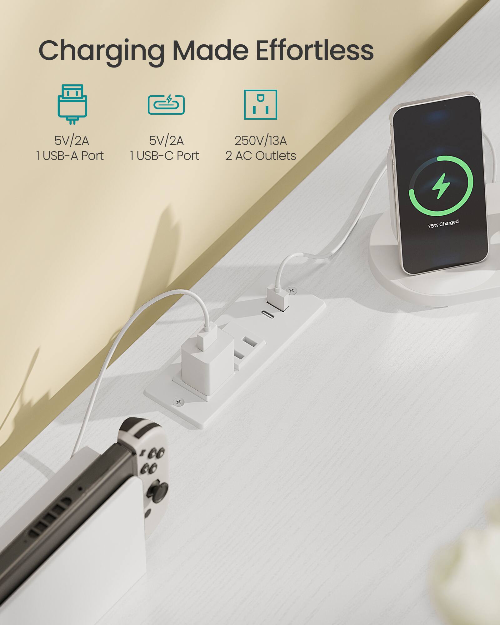 Charging Made Effortless

5V/2A 1 USB-A Port  
5V/2A 1 USB-C Port  
250V/13A 2 AC Outlets  
75% Charged
