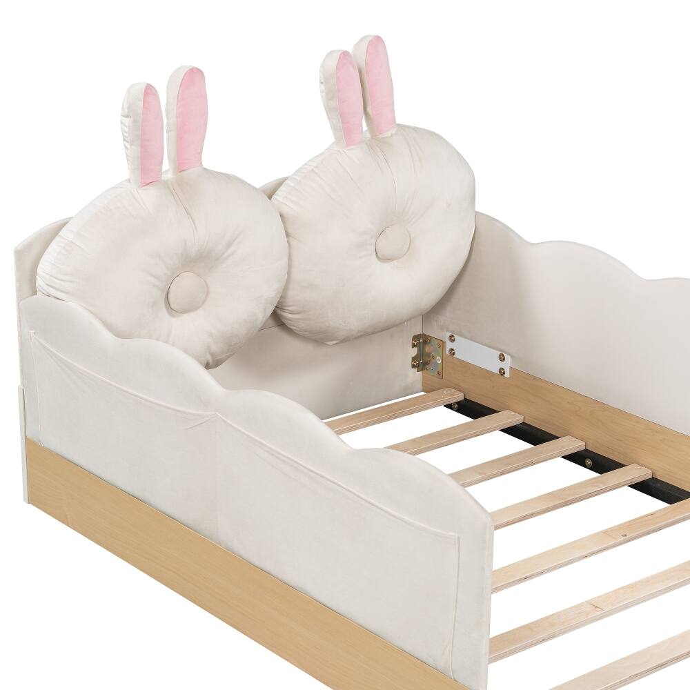 Alt View 6. Loheer - Loheer Twin Size Upholstered Platform Bed Beige Velvet Kids Bed with Storage Bags Animal Pillows No Box Spring Required - Beige.
