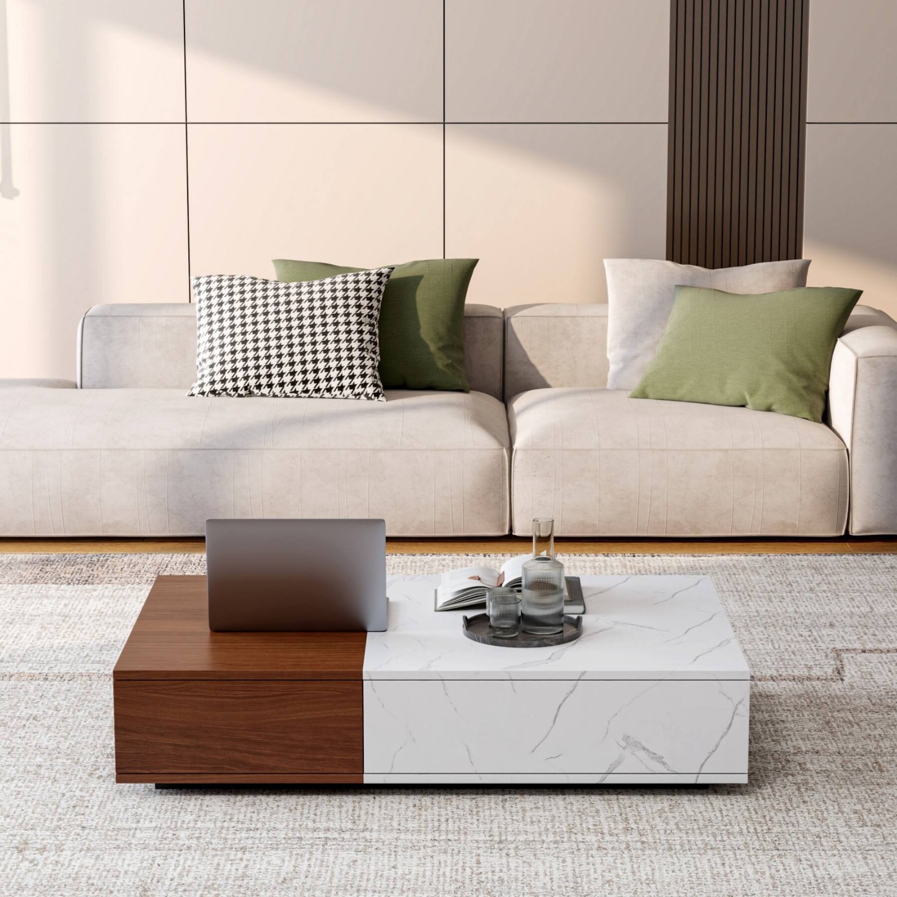 Alt View 9. Ecooso - Modern Coffee Table with Storage Shelves, Sturdy MDF Frame with Marble Finish and Two Tone Patchwork Design - Walnut Brown.