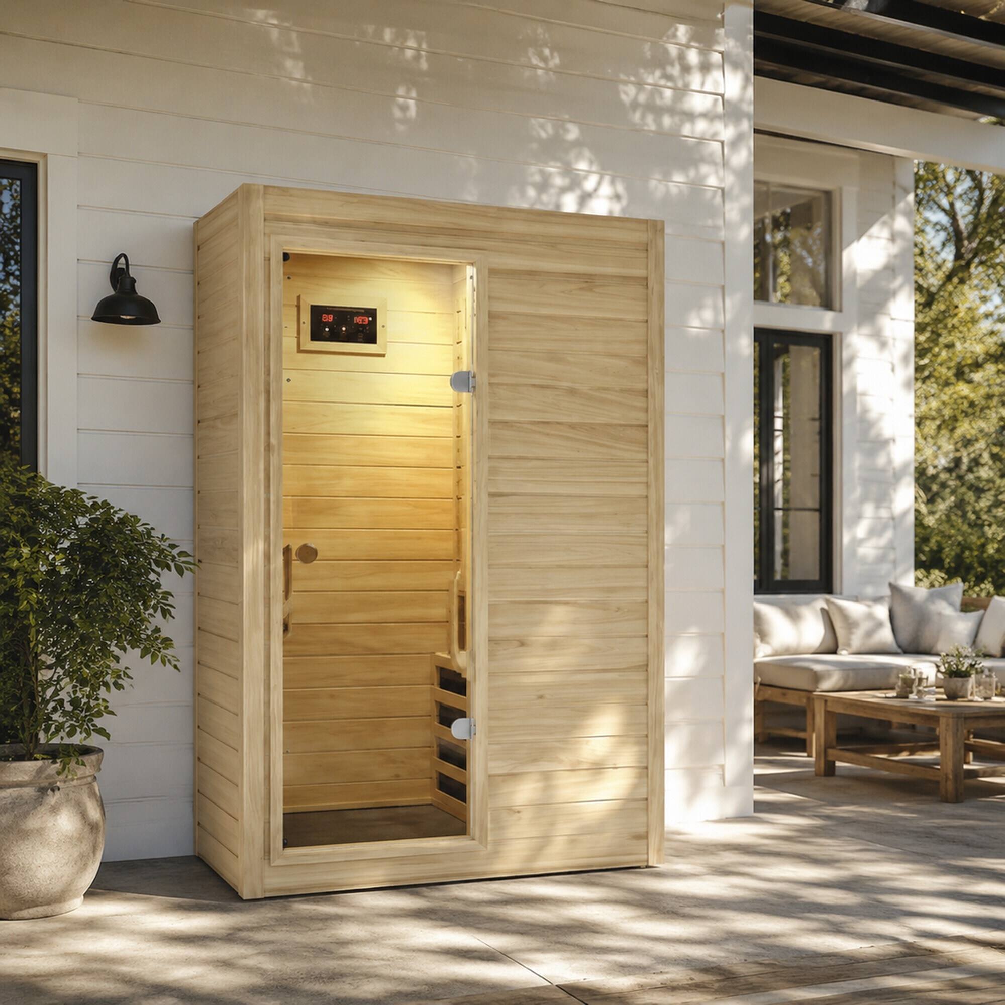 Angle. RYHNUYNE - Far Infrared Sauna Room, European Aspen Wood, 5 Heating Panels, 905W, Digital Display, Bluetooth Speaker, Home Spa - Natural Wood.