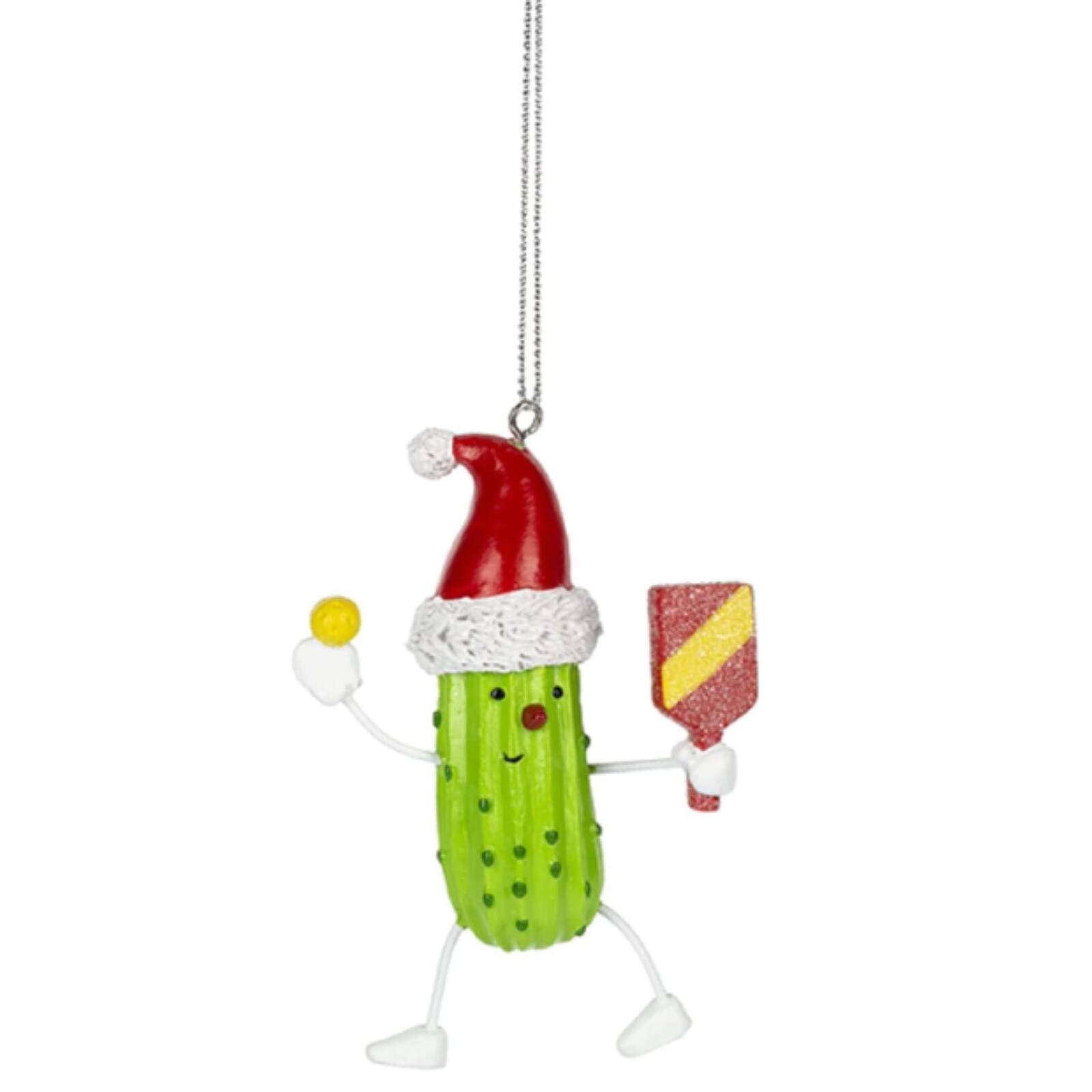 Front. Ganz - Pickle Playing Pickleball with Santa Hat Christmas Tree Ornament - Green.