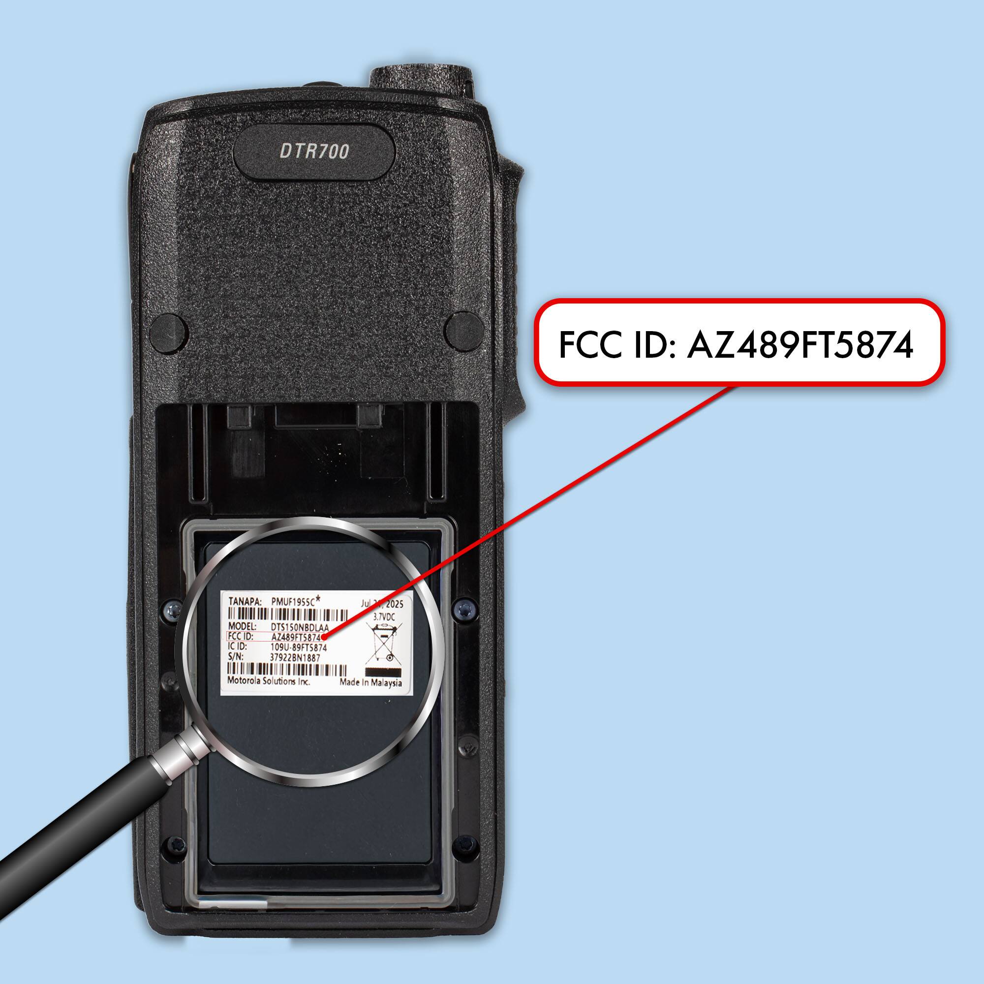 DTR700  
FCC ID: AZ489FT5874  
TANAPA: PMUF1955C  
MODEL: DTS150B0LA2A  
D: 09-89175874  
SN: 379228N1887  
J 2025  
37VDC  
Motorola Solutions  
Made in Malaysia