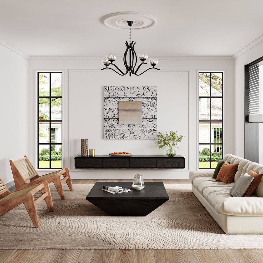 Angle. POVISON - 95" Fully-Assembled Black Floating TV Stand Solid Wood - Black.