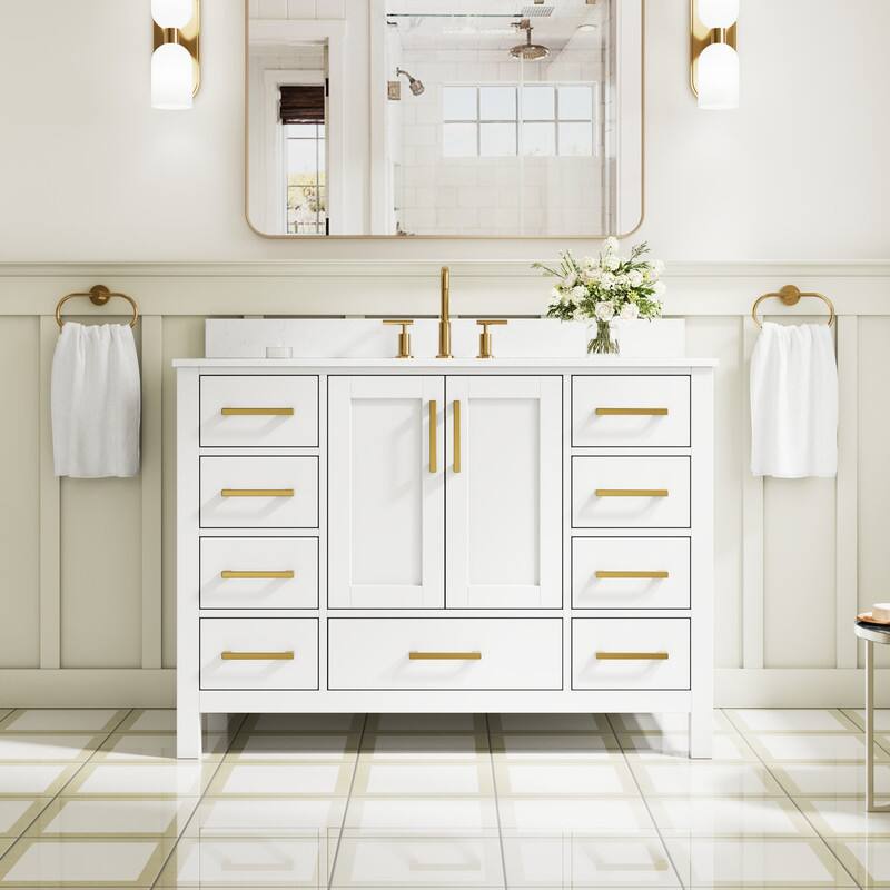 Front. WELLFOR - 48 in Bathroom Vanity with Sink, Freestanding Solid Wood Bathroom Cabinet with 2 Soft-Close Doors& 9 Soft-Close Drawers - White.