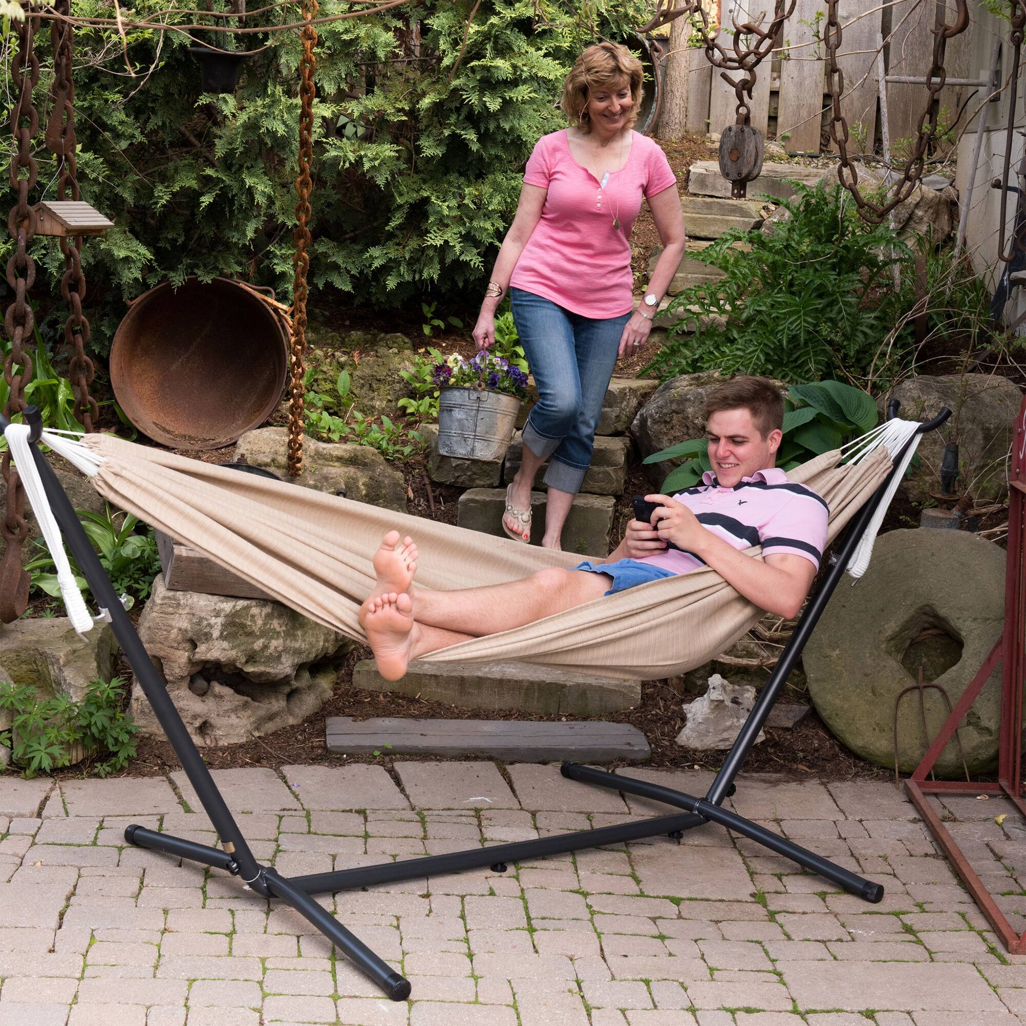 Alt View 3. Vivere - Vivere Double Sunbrella Hammock with Steel Stand, Portable Outdoor Lounge, Sand - Sand.
