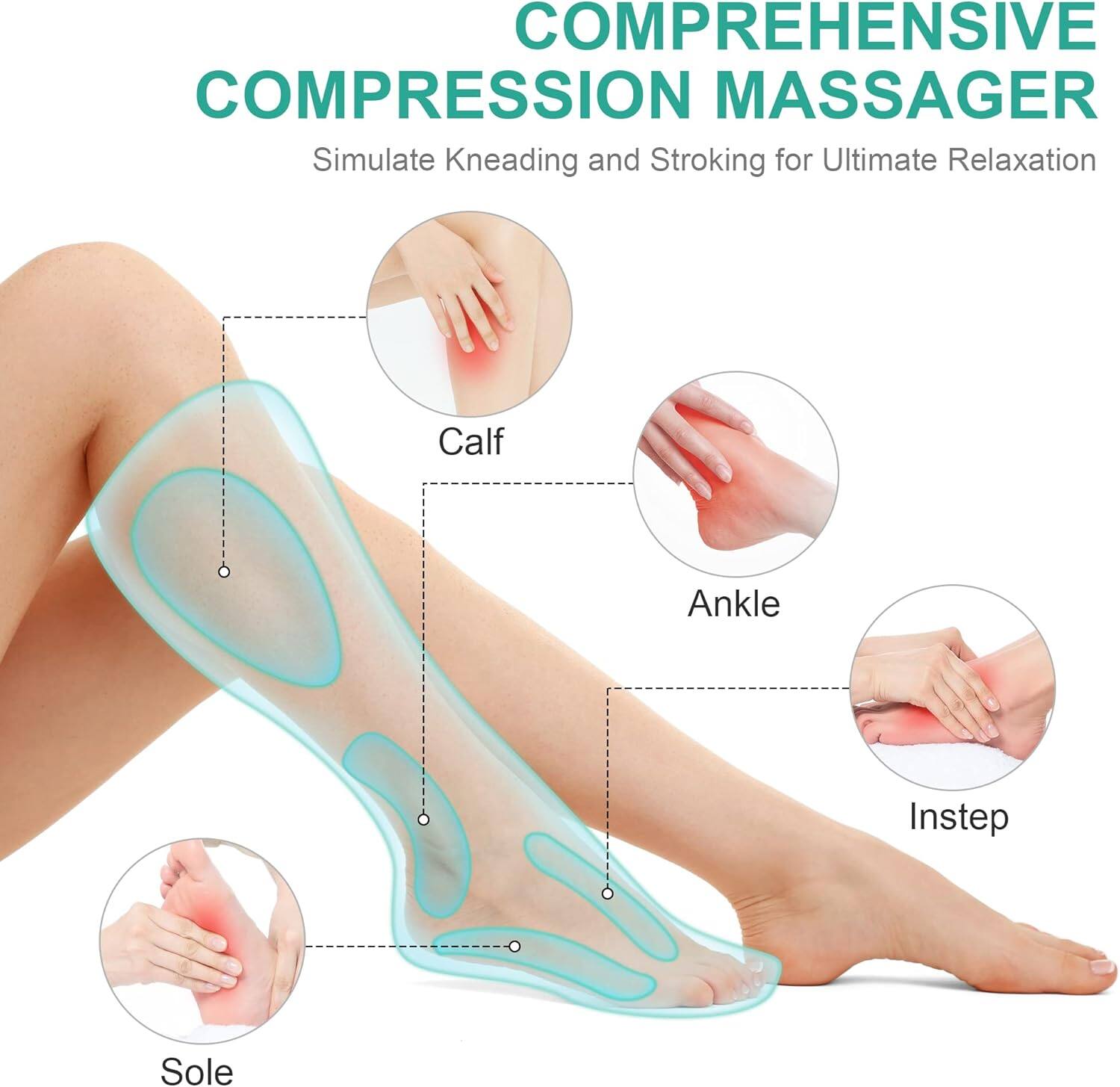 COMPREHENSIVE COMPRESSION MASSAGER
Simulate Kneading and Stroking for Ultimate Relaxation
Calf
Ankle
Instep
Sole