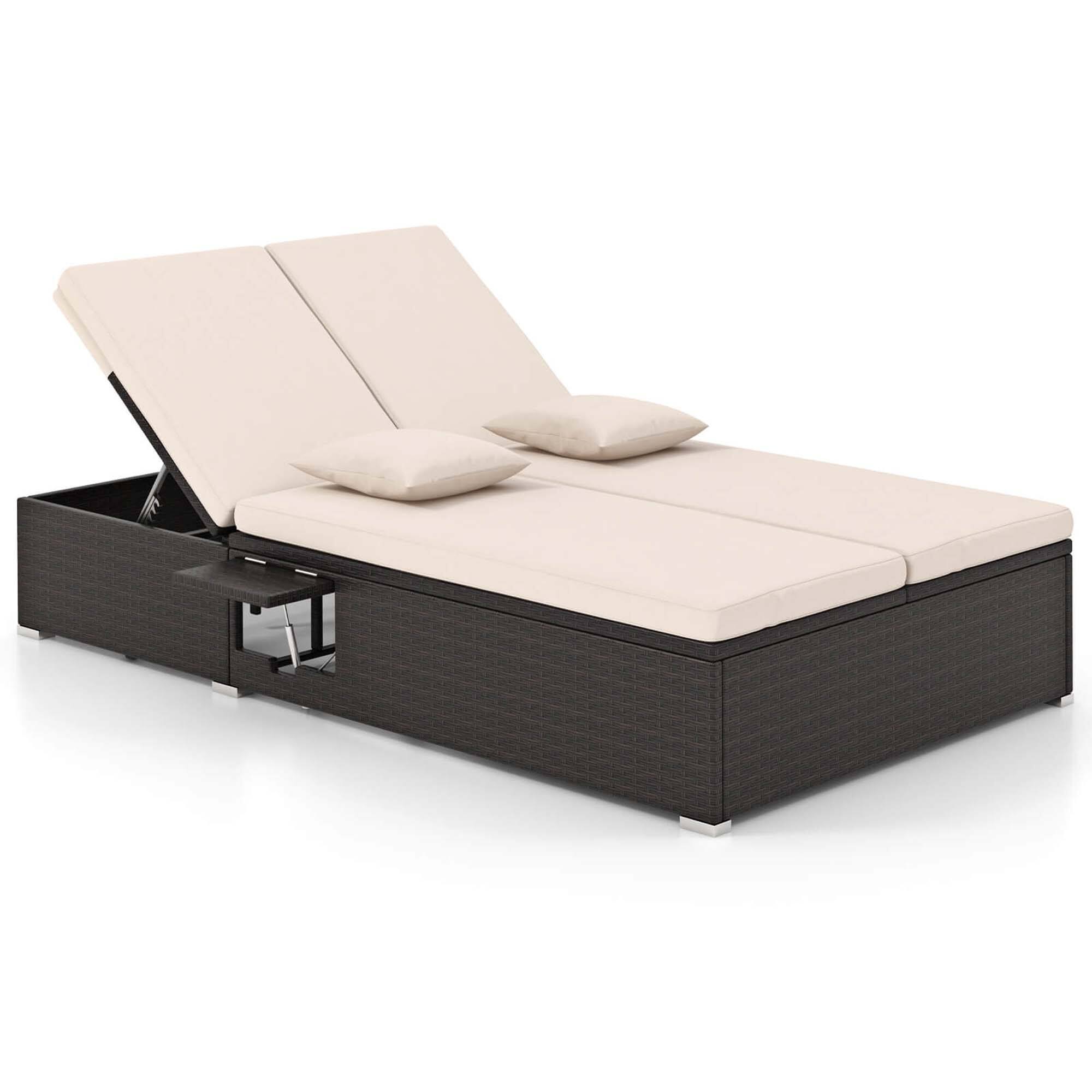 Angle. Costway - Outdoor Patio Daybed PE Wicker Double Chaise Lounge with Adjustable Backrests - Mix Brown + Beige.