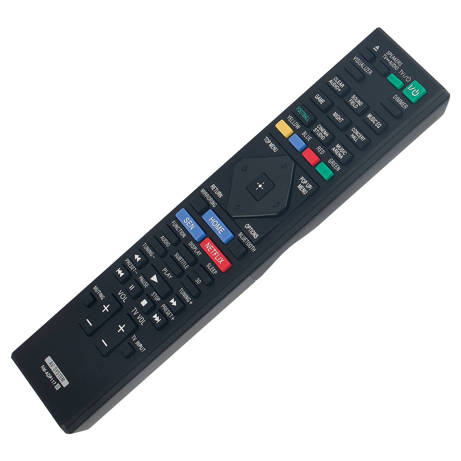 M AM-ADP117 AVISYSTEM VISUALIZER TV/AUDIO 1/0 GAME FIELD DIMMER FOOTBALL NIGHT MUSIC YELLOW BLUE OIOUTE HALL CONCERT TOPMENU RED ARENA MUSIC GREEN RETURN MENU POP UP/ MIRRORING FUNCTION SEN HOME OPTIONS GIQUA BLUETOOTH TUNING- DISPLAY NETFLIX SUBTITLE PRESET-- PLAY SLEEP PAUSE 30 = MUTING VOL STOP TUNING+ 7 + TV PRESET+ I VOL M + TV I INPUT