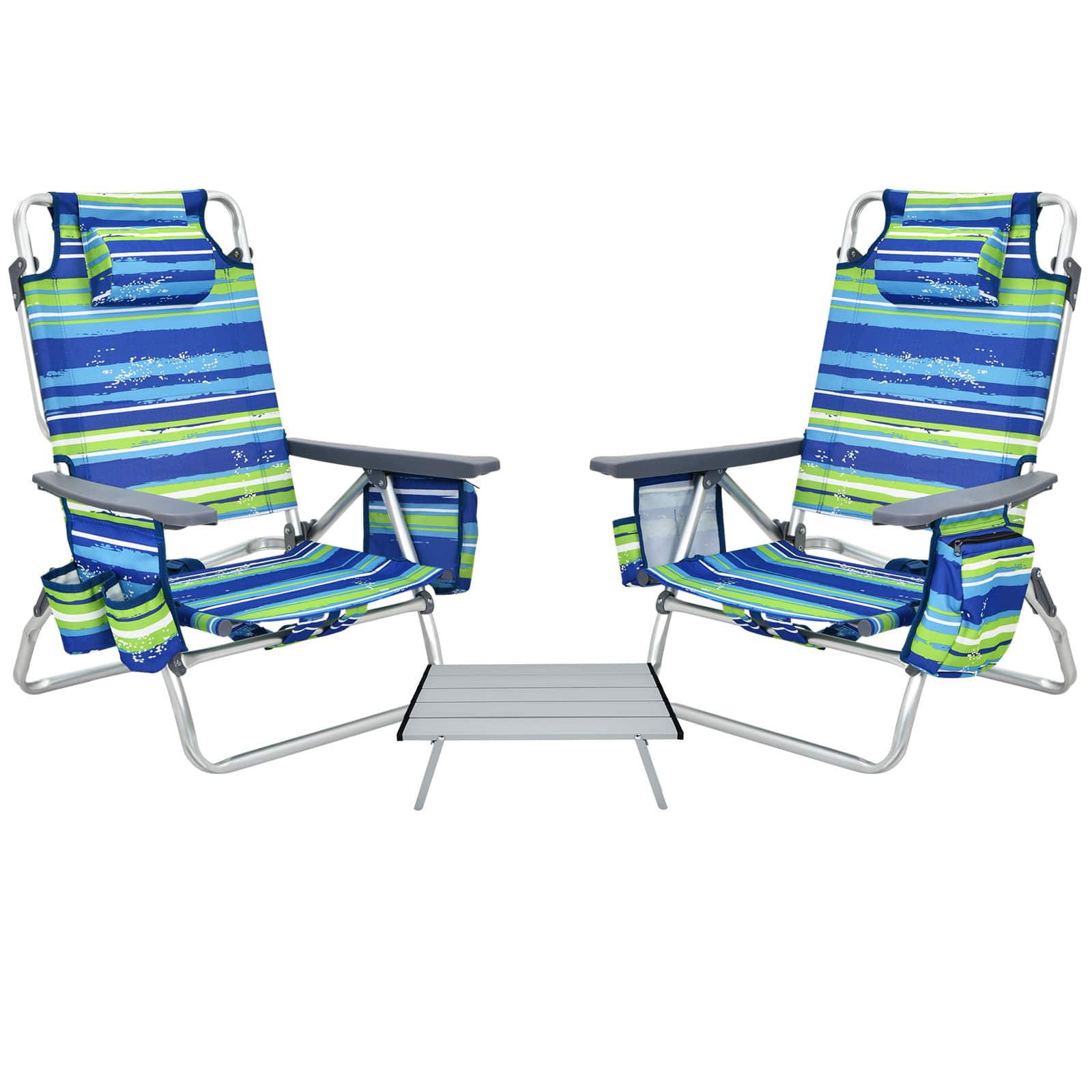 Front. Costway - Costway 2-Pack Folding Backpack Beach Chair Table Set 5-Position Outdoor Reclining Chair - Multicolor.
