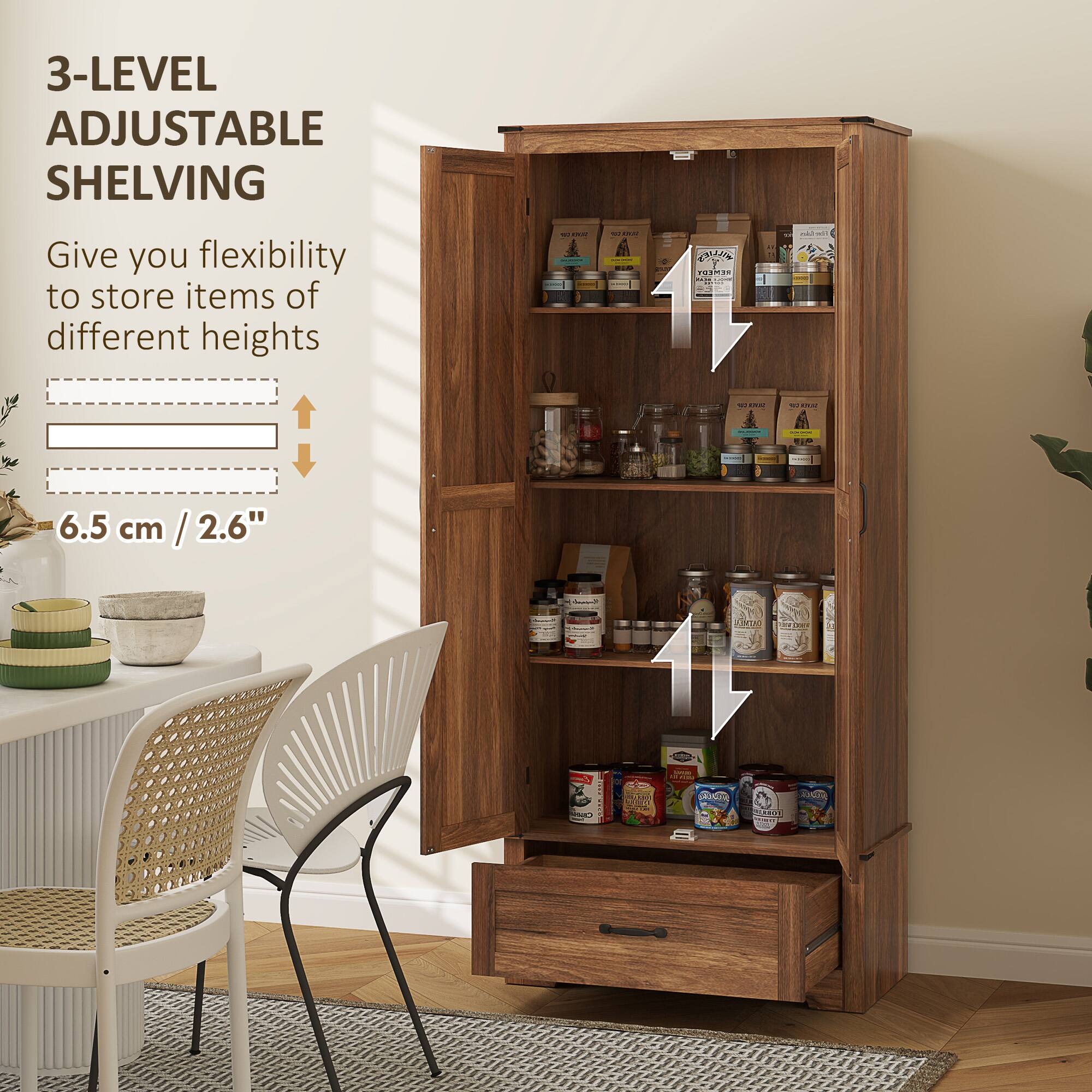 3-LEVEL ADJUSTABLE SHELVING

Give you flexibility to store items of different heights

6.5 cm / 2.6"