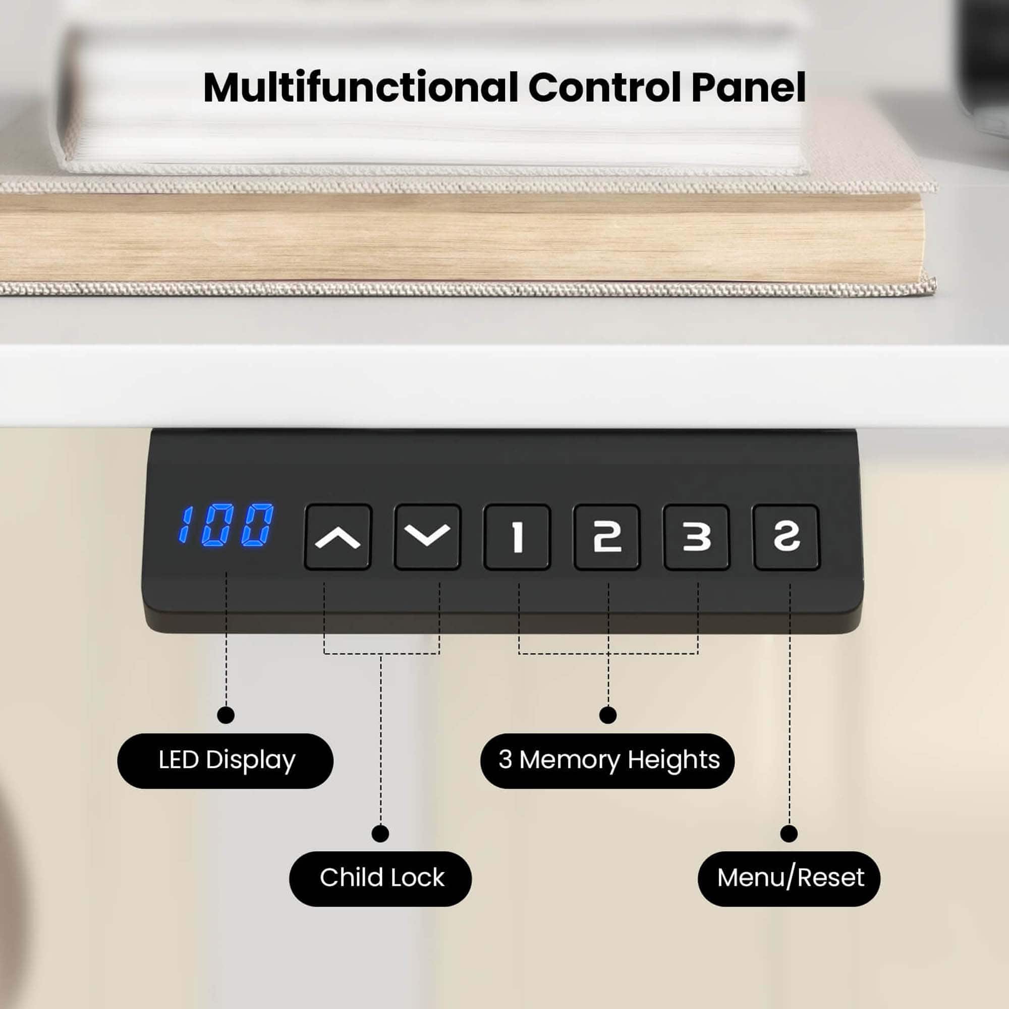 Multifunctional Control Panel: 100, 1, 2, 3, S, LED Display, 3 Memory Heights, Child Lock, Menu/Reset Menu.