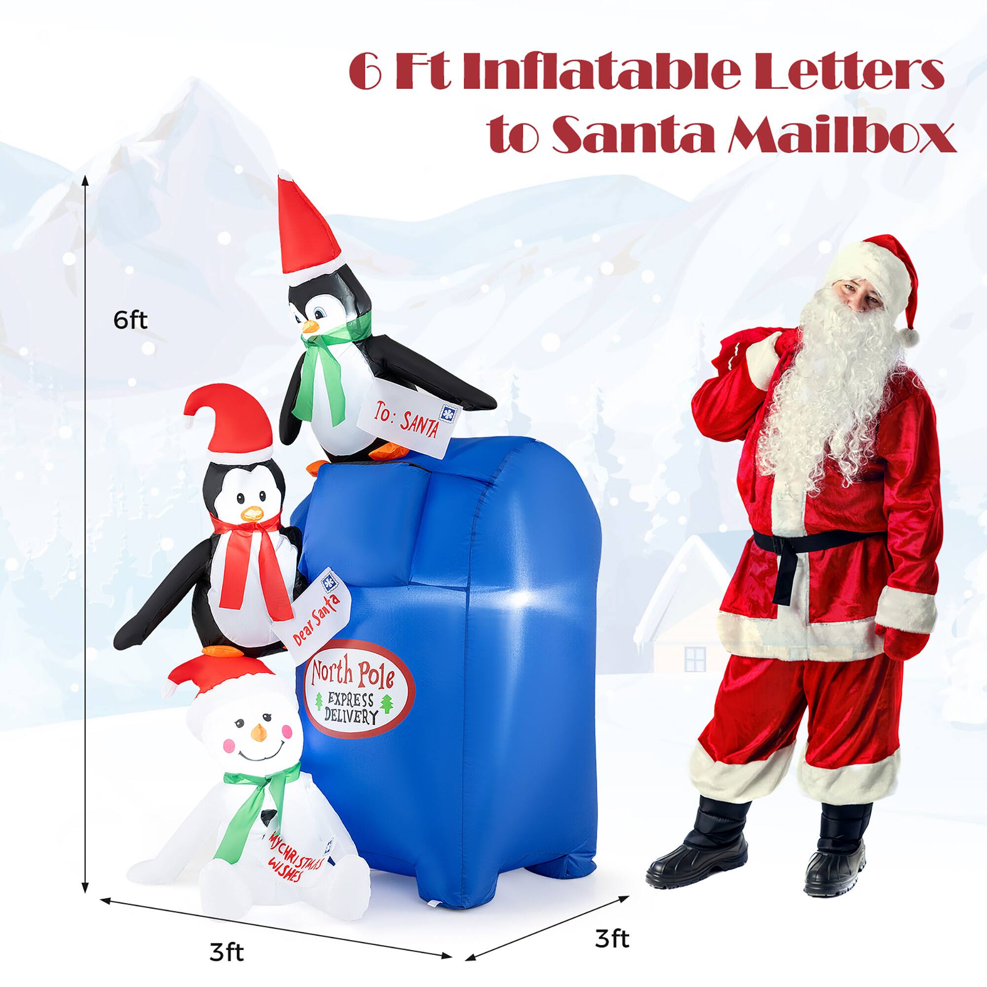 6 Ft Inflatable Letters to Santa Mailbox

To: SANTA  
North Pole  
Express Delivery  
My Christmas Wishes