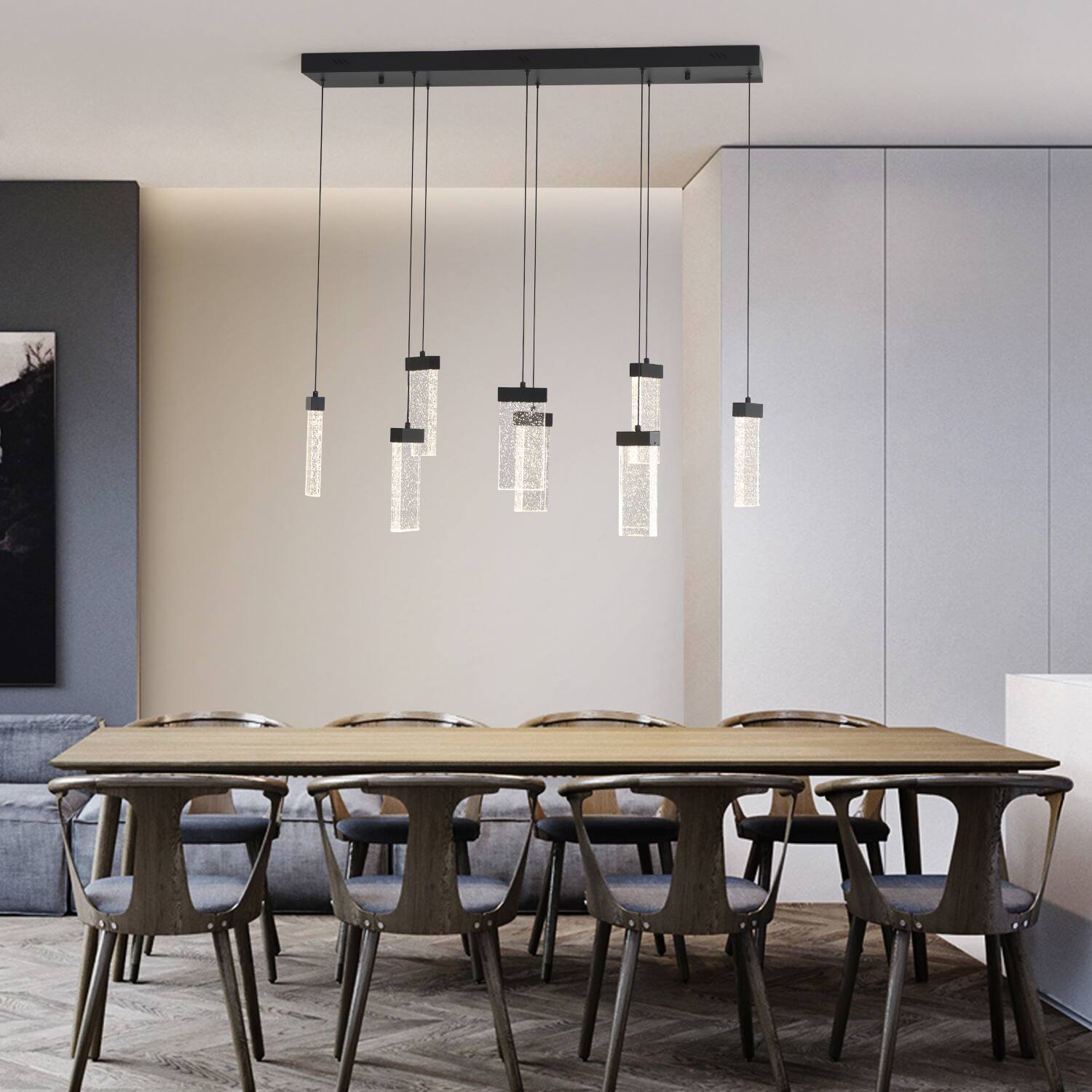 Angle. Umeiluce - 8 Lights Modern Perceus Kitchen Island Chandelier Rectangle Base Warm Light Dimmable - Matte Black.