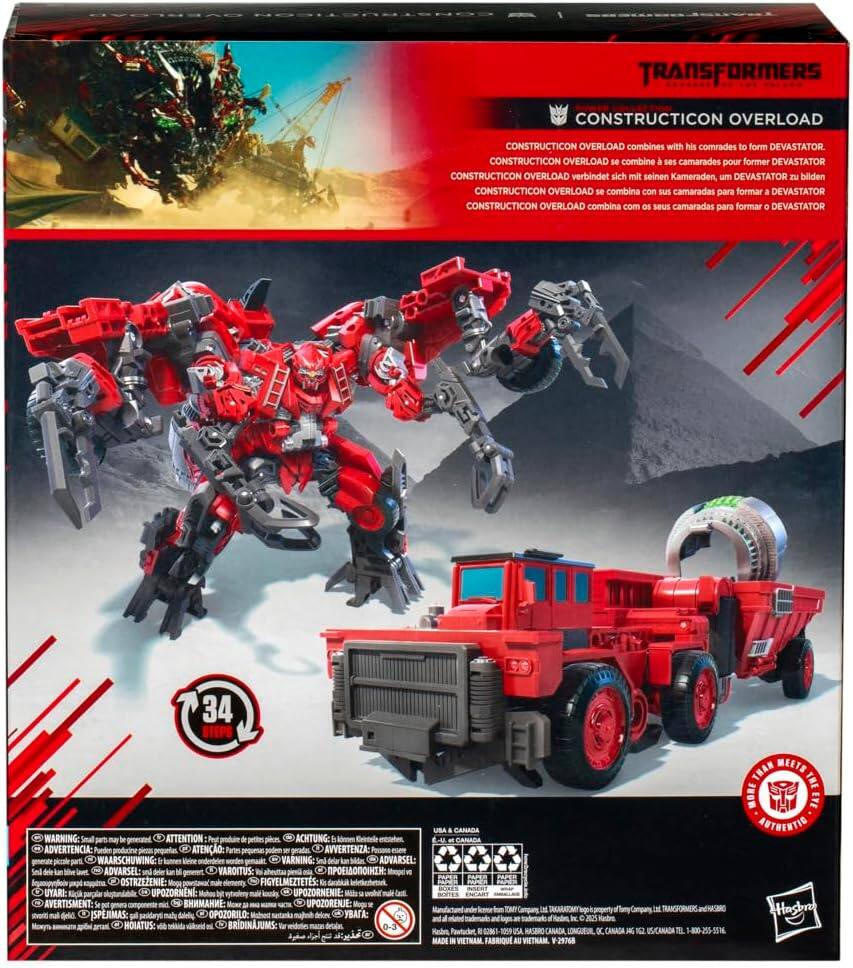 TRANSFORMERS  
CONSTRUCTICON OVERLOAD  
CONSTRUCTICON OVERLOAD combines with his comrades to form DEVASTATOR.  
CONSTRUCTICON OVERLOAD se combine ses camarades pour former DEVASTATOR  
CONSTRUCTICON OVERLOAD verbindet sich mit seinen Kameraden, um DEVASTATOR zu bilden  
CONSTRUCTICON OVERLOAD se combina con sus camaradas para formar a DEVASTATOR  
CONSTRUCTICON OVERLOAD combina com os seus camaradas para formar o DEVASTATOR  

34  
WARNING: ATTENTION ACHTUNG: & 15mg Centele entraten ADVERTENCIA: piezos pequeñas. O: Partes e geradas AWERTENZA: PLAPo parti WAARSCHUWING: & deine worden VARNING: 5ml delar La bidas ADVARSEL: And dele blue ADVARSEL: sel deler TEE VARDITUS: Vol abeutu : OSTRZEZENIE: Vioga male FIGYELMEZTETES: drobiut UYARI: UPOZORNENI: POZORNENIE: Mile 9 male Cast. AVERTISMENT: pot  UPOZOREI