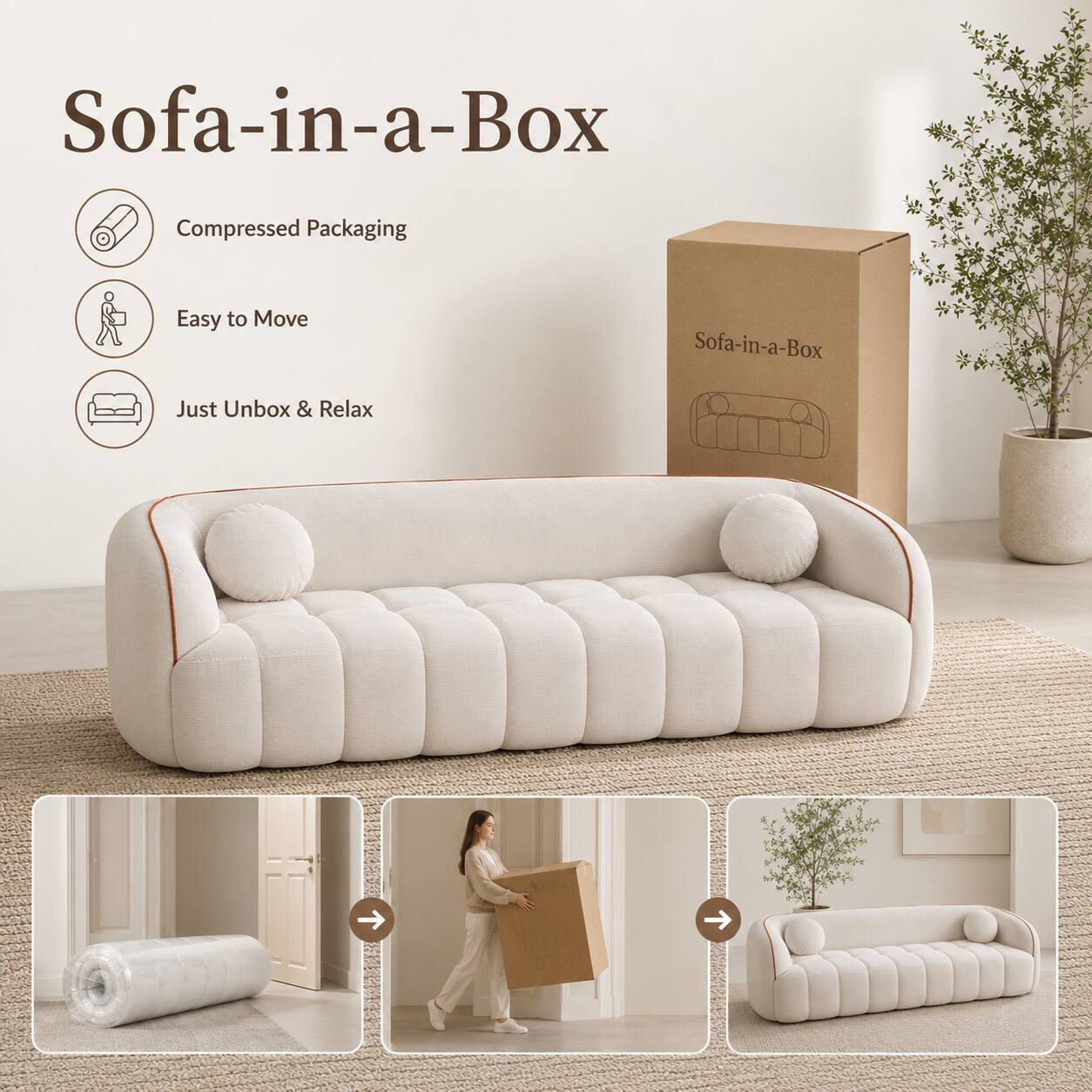 Sofa-in-a-Box

Compressed Packaging

Easy to Move

Just Unbox & Relax