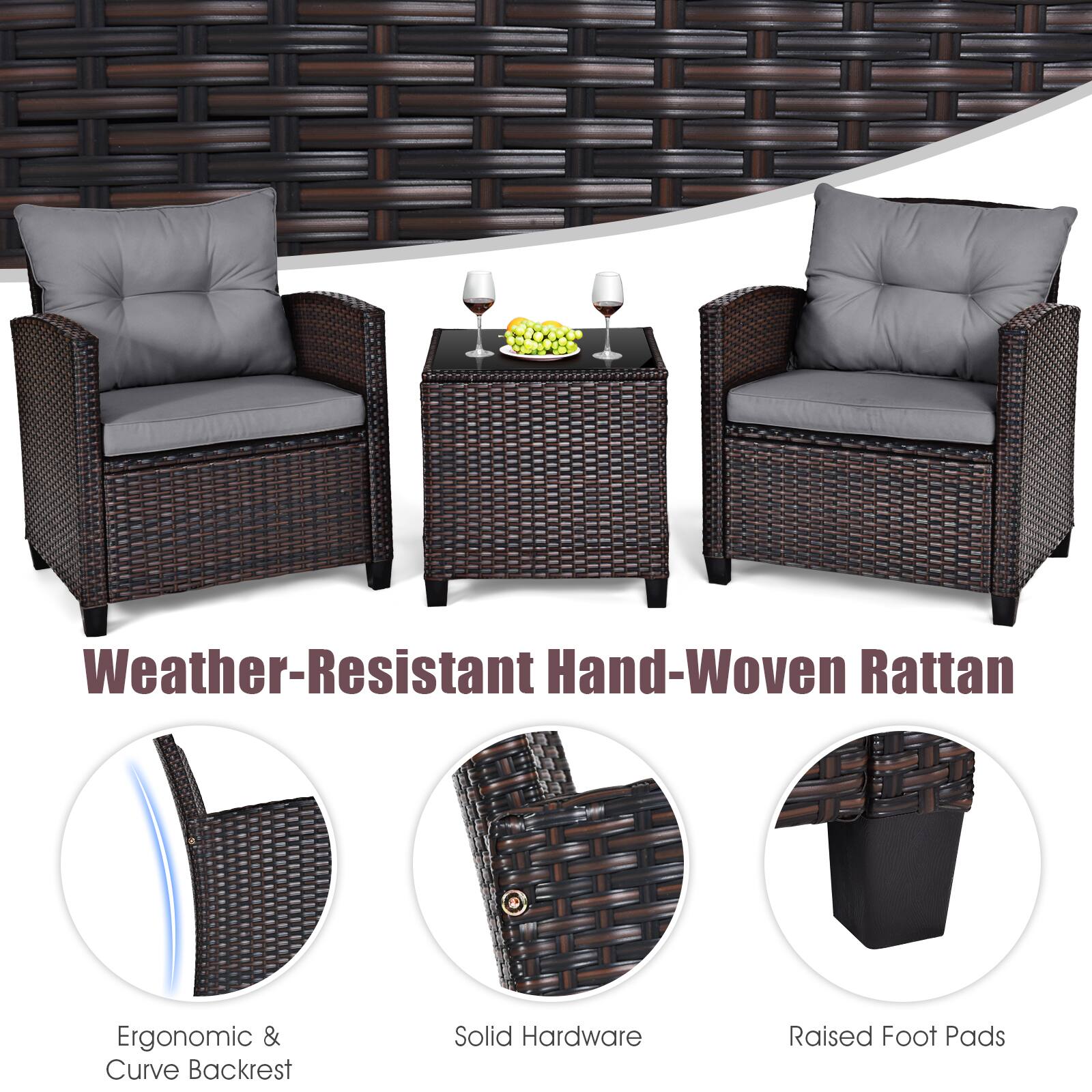 Weather-Resistant Hand-Woven Rattan Ergonomic & Curved Backrest Solid Hardware Raised Foot Pads