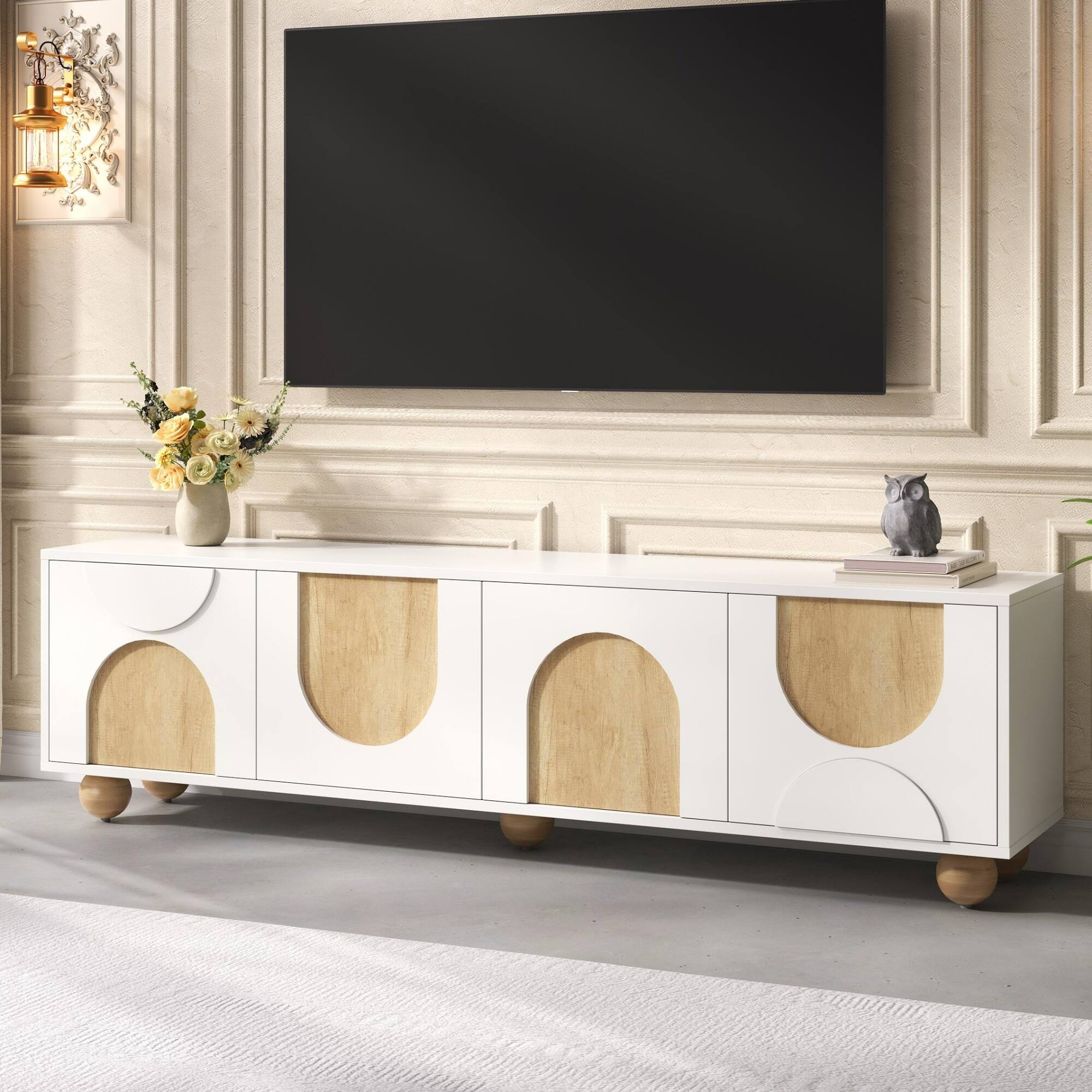 Angle. CheryLife - 69.6 in. White Farmhouse TV Stand with Cable Holes and 5 Solid Wood Legs for TVs up to 75" - White.
