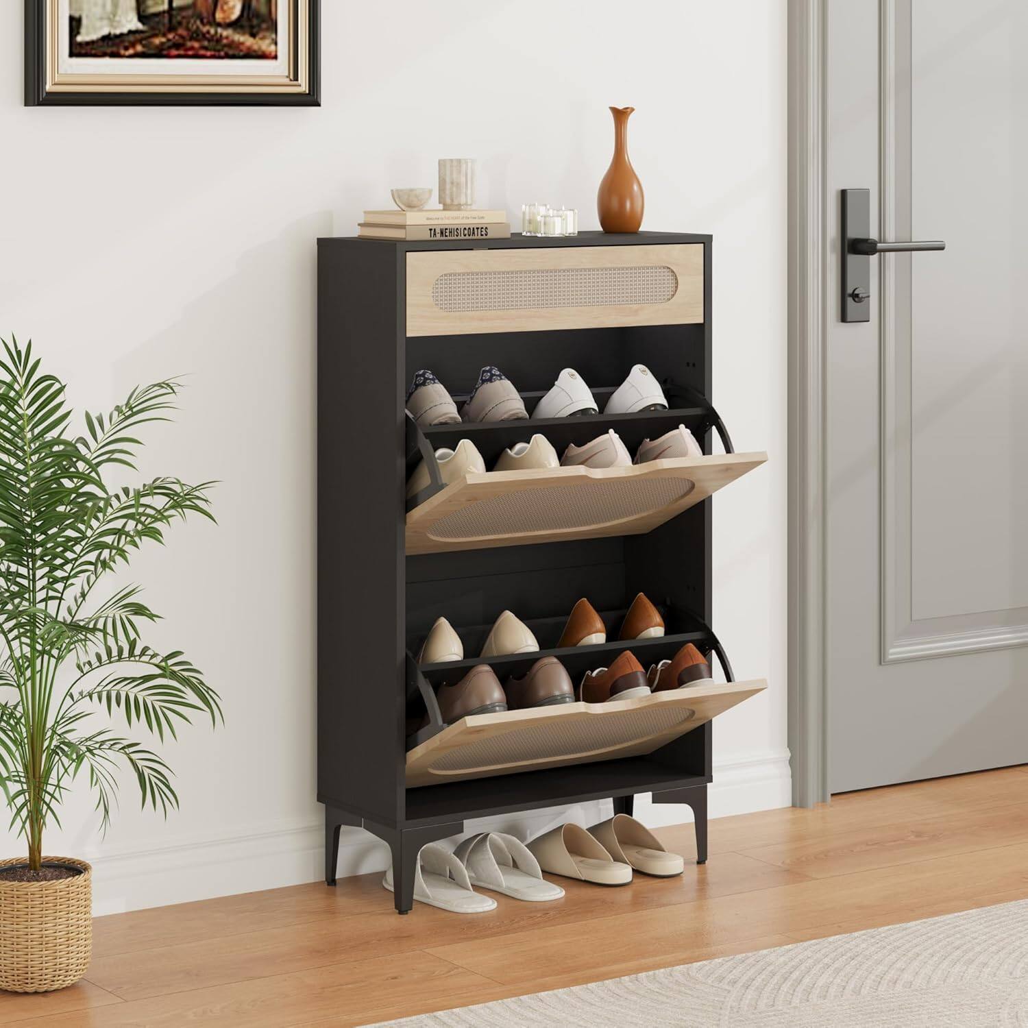 Front. Acekool - Rattan Shoe Cabinet with 2 Flip Drawers & 1 Pull-Out Drawer, Adjustable Shelf, Heavy Duty Metal Legs, Black - Black.