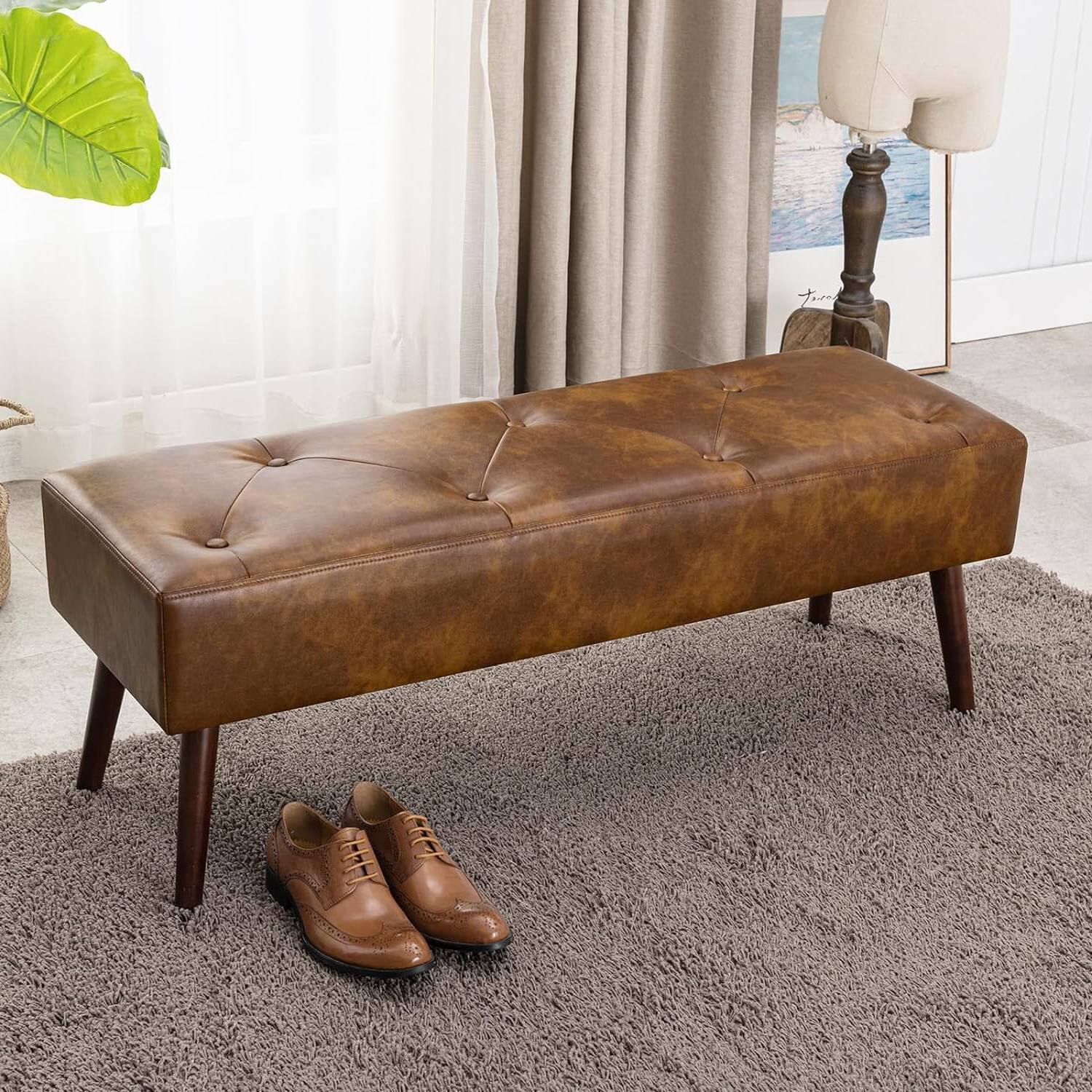 Angle. Hivvago - Mid-Century End of Bed Bench with Leather Upholstered Seat Solid Wood Legs - brown.