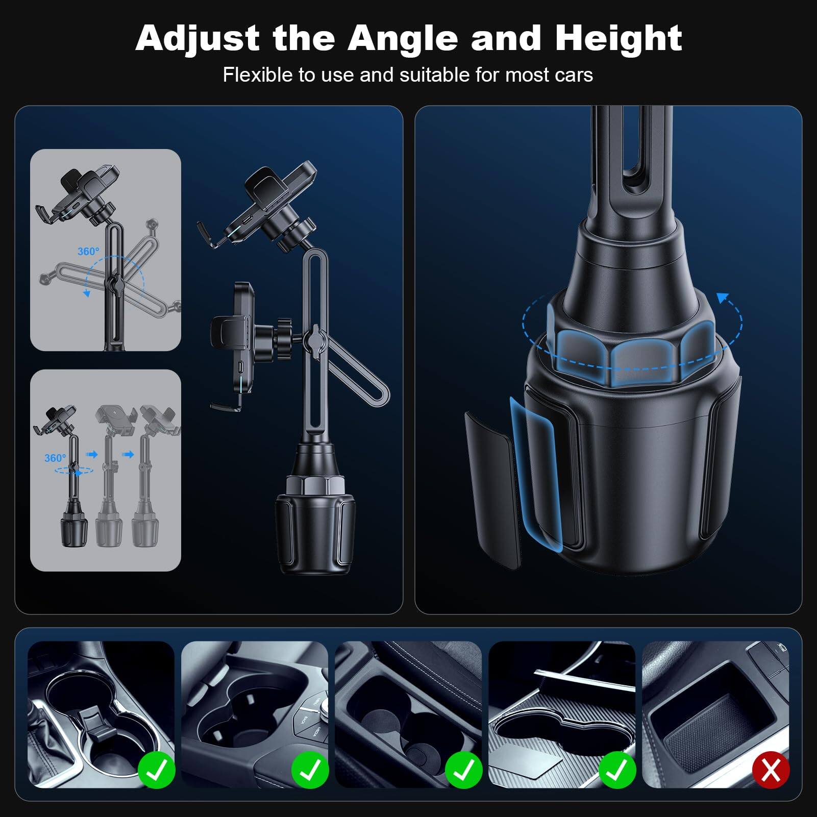Adjust the Angle and Height  
Flexible to use and suitable for most cars  

360°  
360°