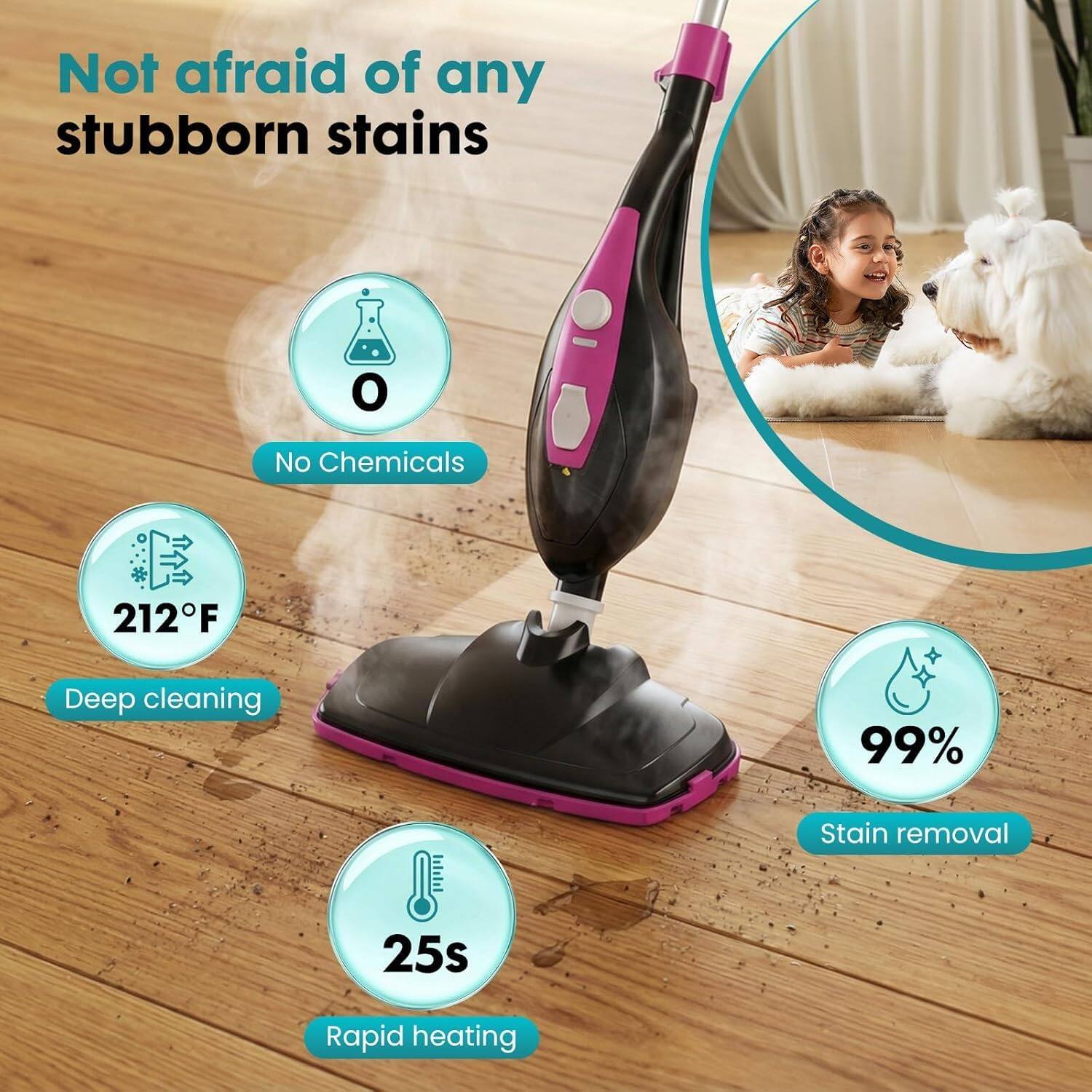 Not afraid of any stubborn stains

- No Chemicals
- 212°F Deep cleaning
- 99% Stain removal
- 25s Rapid heating