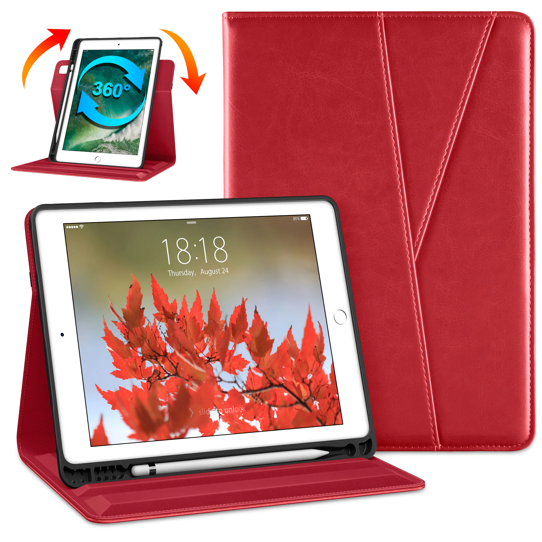 DTTO - Case for iPad 6/5 & Air 2/1 9.7" - 360° Rotating Leather Folio Stand with Pencil Holder & Auto Wake/Sleep - Red