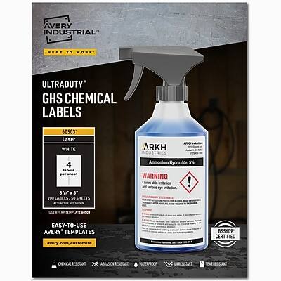 AVERY INDUSTRIAL HERE TO WORK

ULTRADUTY GHS CHEMICAL LABELS

60503
Laser WHITE

ARKH INDUSTRIES
Ammonium Hydroxide, 5% WARNING

4 labels per sheet
3" x 5"
200 labels - 50 sheets

EASY-TO-USE
AVERY TEMPLATES
avery.com/customlabel

BS5609 CERTIFIED
CHEMICAL RESISTANT
ABRASION RESISTANT
WATERPROOF
FIRE RESISTANT