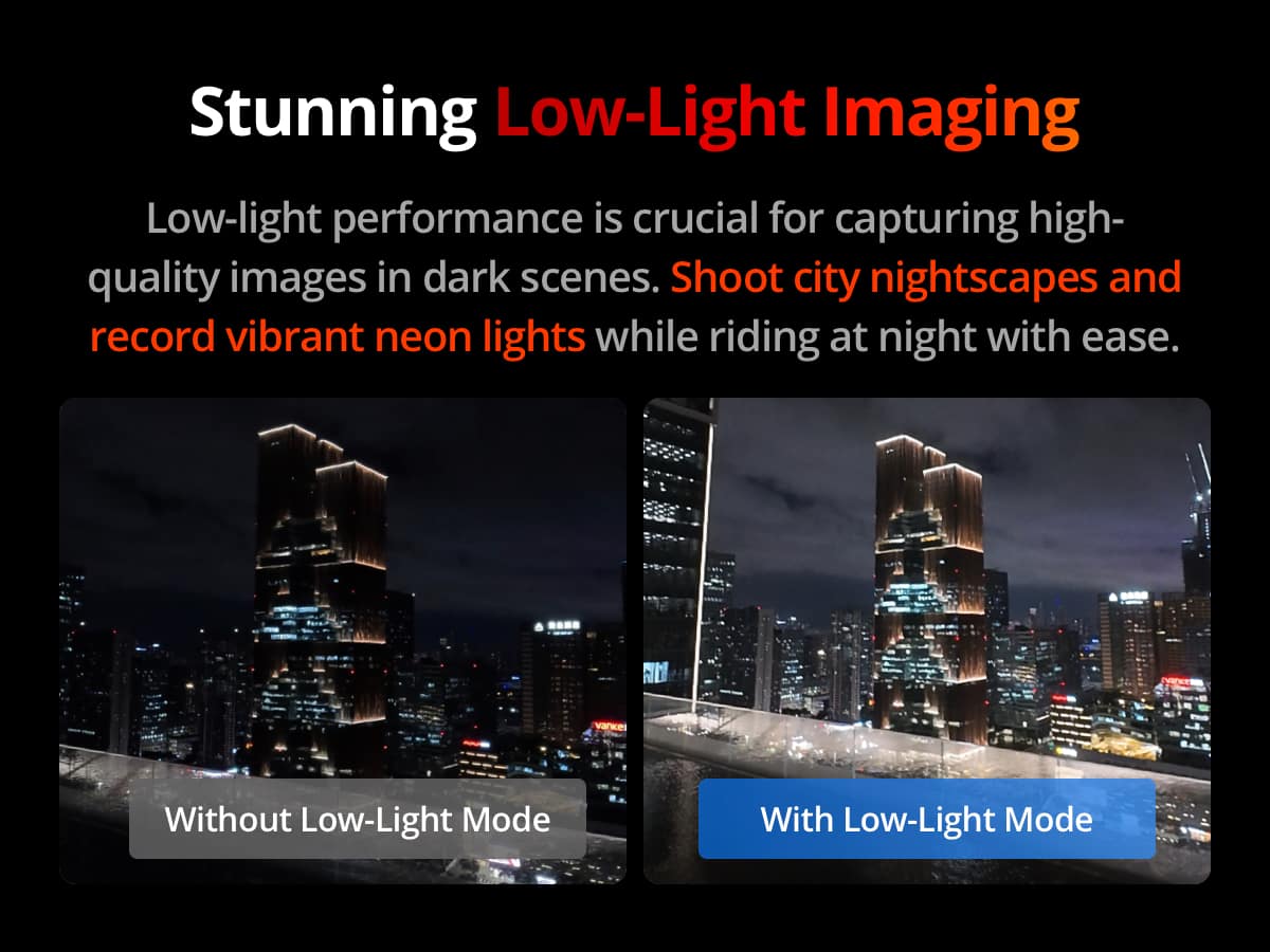 Stunning Low-Light Imaging: Low-light performance is crucial for capturing high-quality images in dark scenes. Shoot city nightscapes and record vibrant neon lights while riding at night with ease. ... Without Low-Light Mode With Low-Light Mode