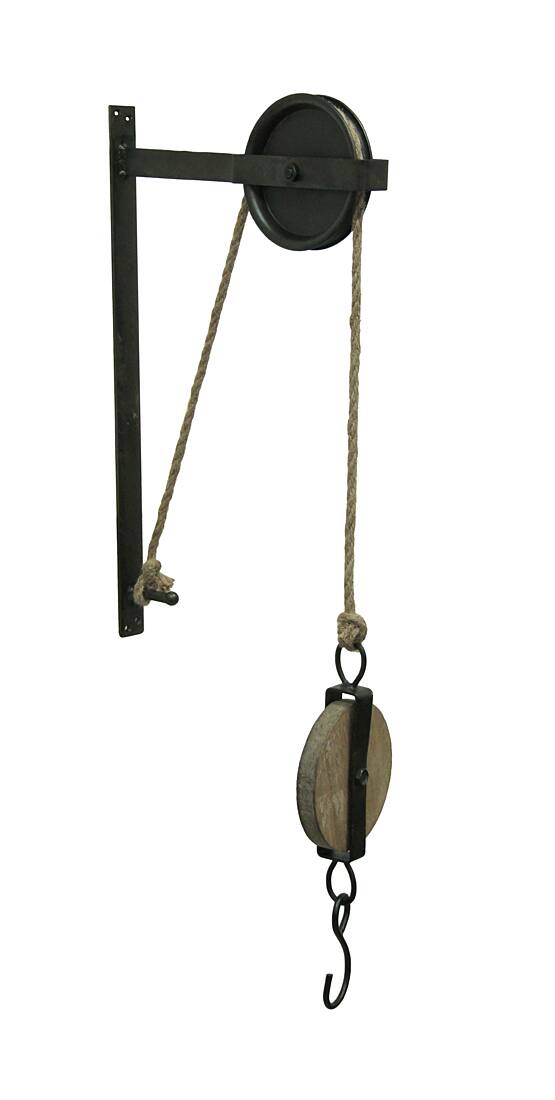 Alt View 1. Zeckos - Pair of Rustic Vintage Style Metal and Wood Pulleys and Hooks Wall Hanging - Black.