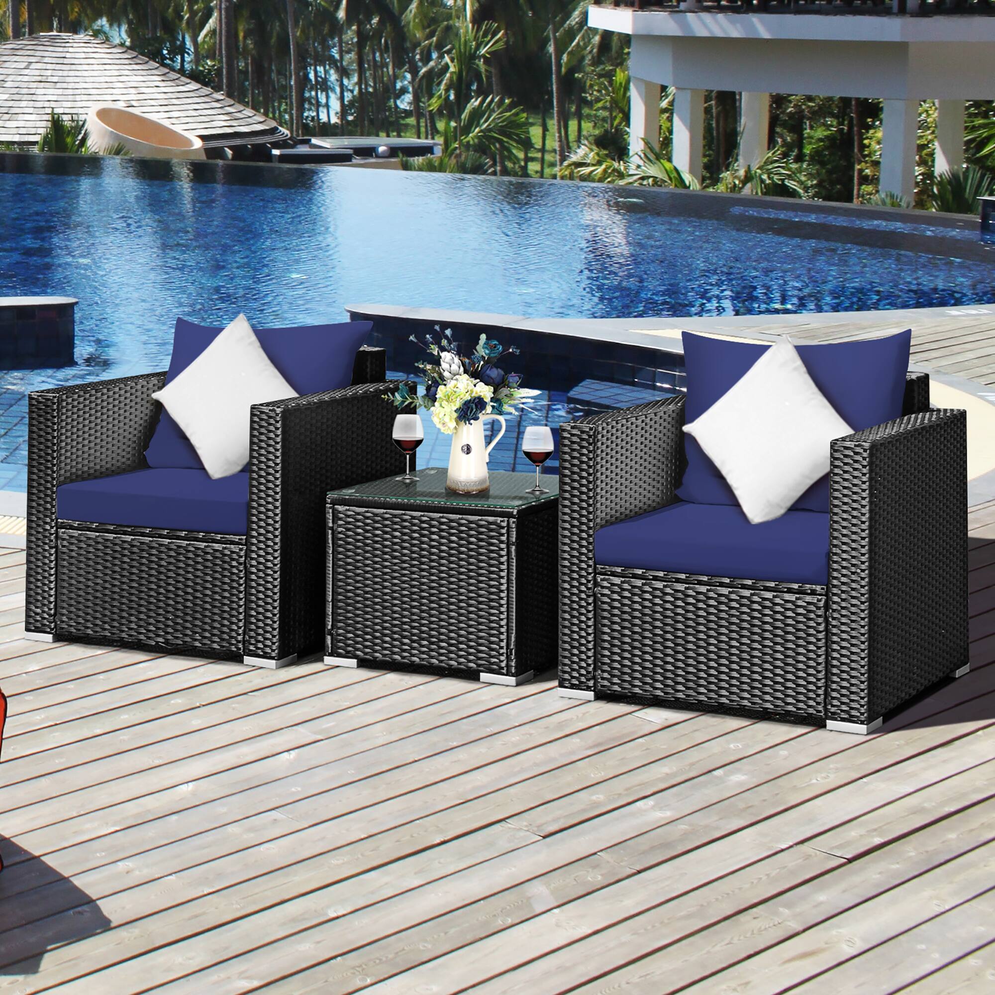 Alt View 8. Costway - 3PCS Patio Rattan Wicker Furniture Set Sofa Table W/Cushion Yard - Navy.