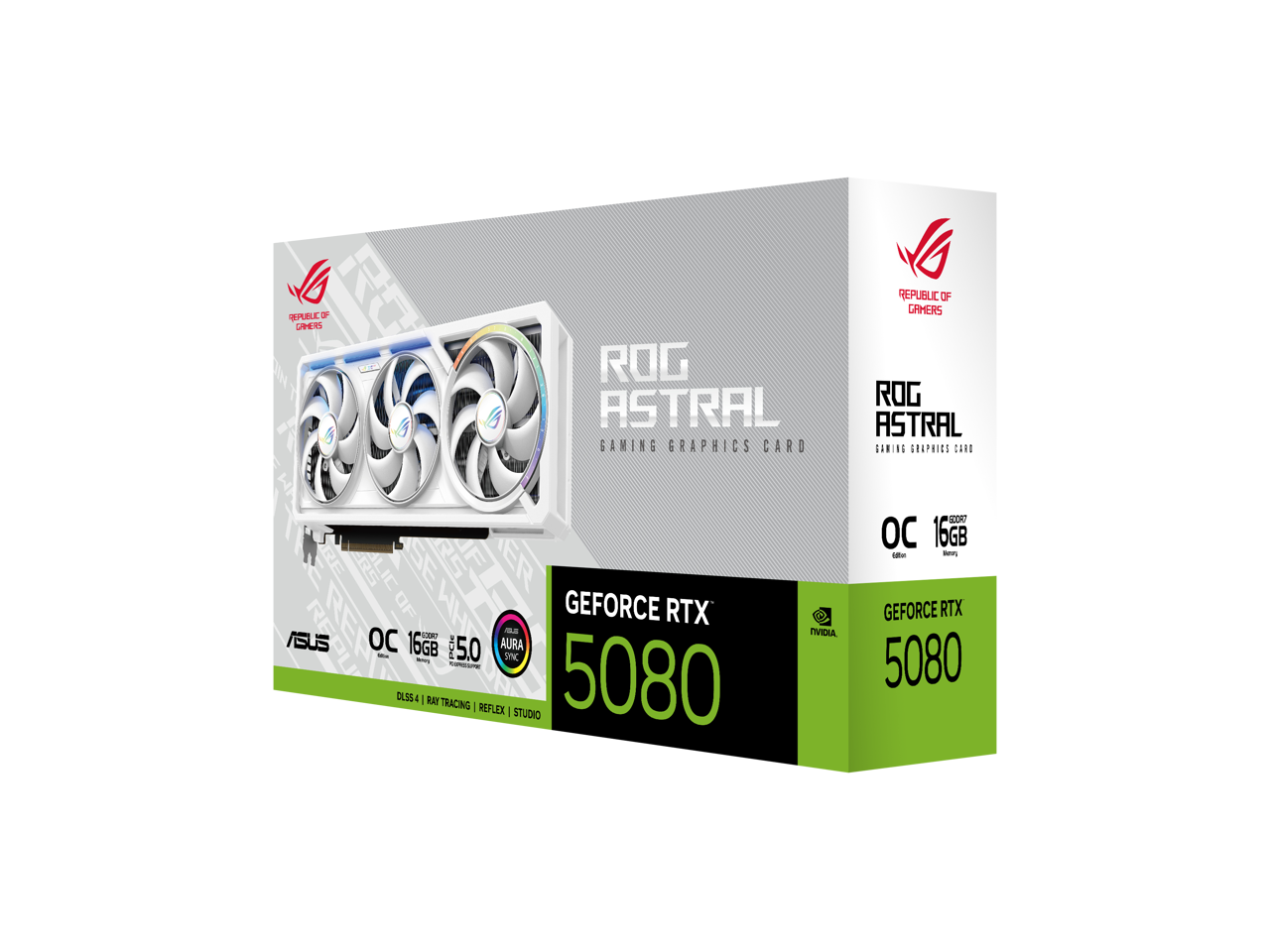 ROG ASTRAL  
GAMING GRAPHICS CARD  

ASUS  
OC 16GB  

GEFORCE RTX 5080  

DLSS 4  
RAYTRACING | REFLEX | STUDIO  

AURA SYNC  

OC Edition  
16GB  

NVIDIA