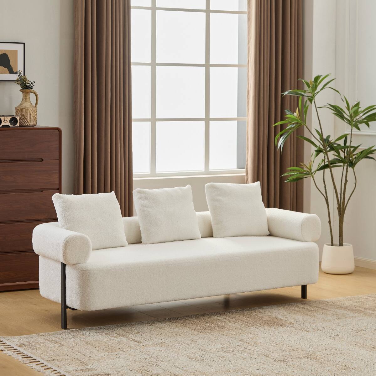 Front. Ropilly - Ropilly 78 Inch Modern 3 Seater Sofa, Beige Upholstered Couch with Pillows, Boucle Sofa for Living Room - Beige.