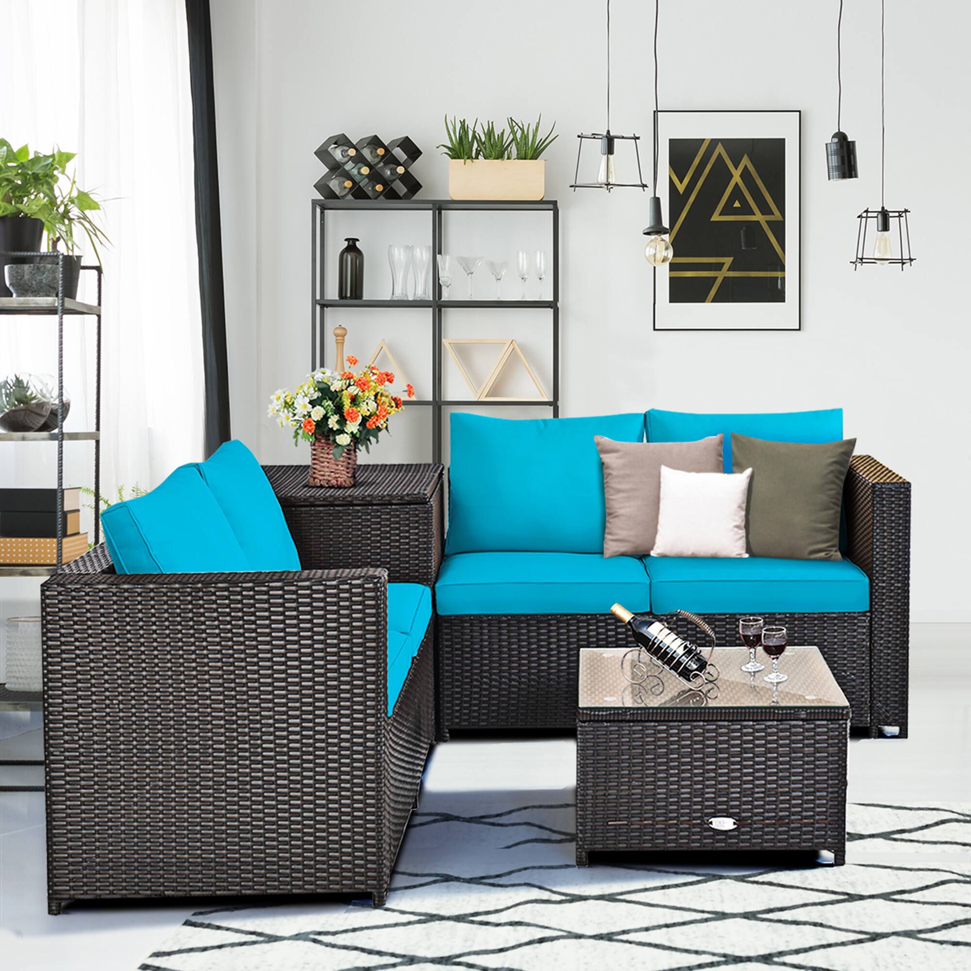 Alt View 3. Gymax - Gymax 4PCS Cushioned Rattan Patio Conversation Set w/ Side Table Turquoise Cushion - Brown.