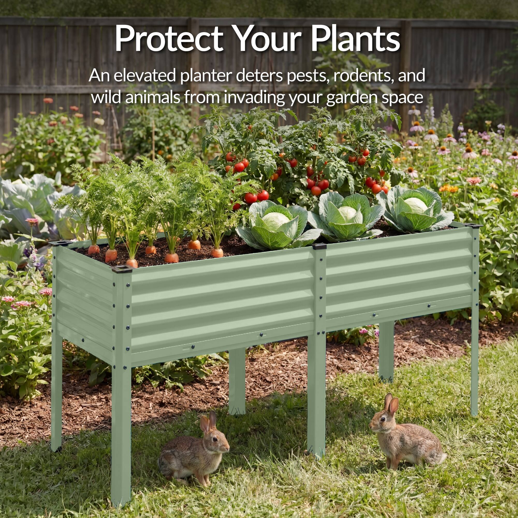 Protect Your Plants

An elevated planter deters pests, rodents, and wild animals from invading your garden space