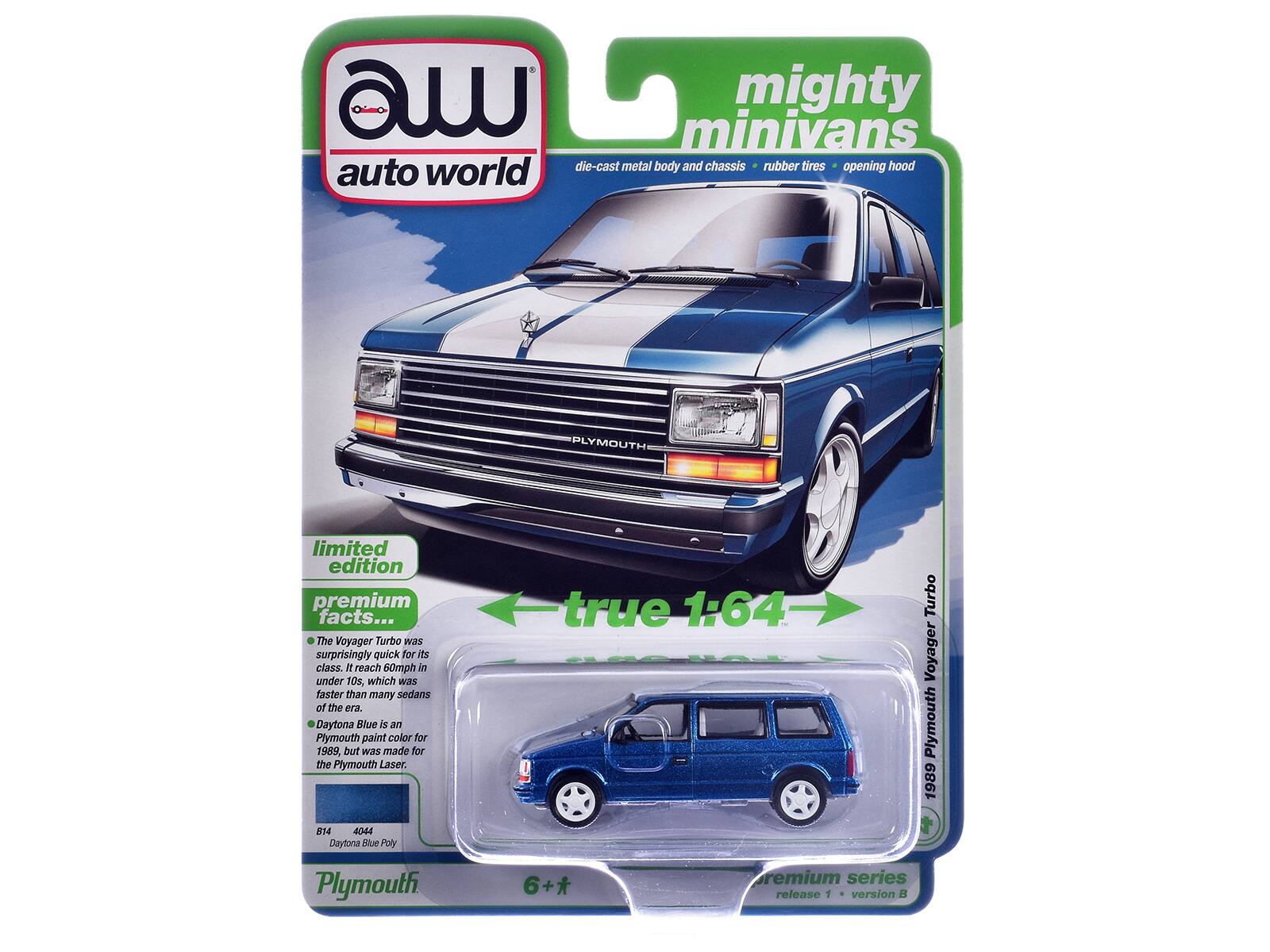 A mighty minivans world die-cast metal body and chassis rubber tires opening hood auto PLYMOUTH limited edition premium facts... The Voyager Turbo was surprisingly quick for ES class. It reach 50mph in under 10s which was faster than many sedans of the era. Daytona Blue is a Plymouth paint color for 1989 but was made for the Plymouth Laser. true 1:64 Turbo Voyager Plymouth 1989 814 4044 Daytona Blue Poly Plymouth 6+ premium series release 1 version B