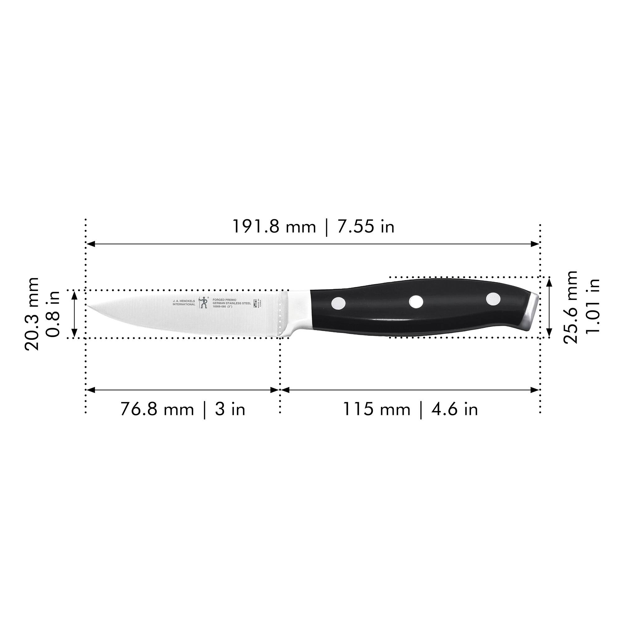191.8 mm | 7.55 in  
20.3 mm | 0.8 in  
76.8 mm | 3 in  
115 mm | 4.6 in  
25.6 mm | 1.01 in