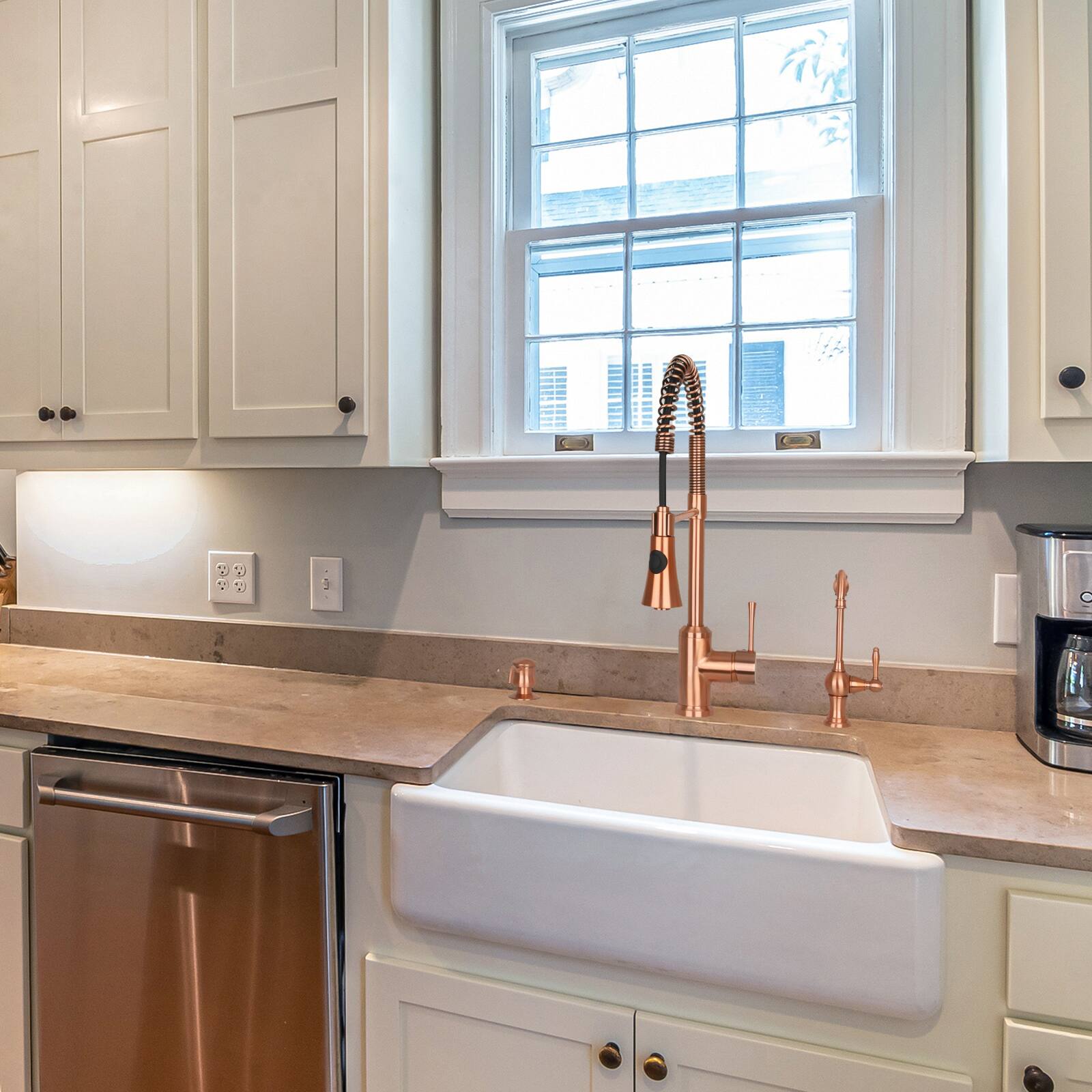 Alt View 4. Akicon - Akicon Solid Brass One-Handle Pre-Rinse Spring Kitchen Faucet with Pull Down Sprayer in Copper - Copper.