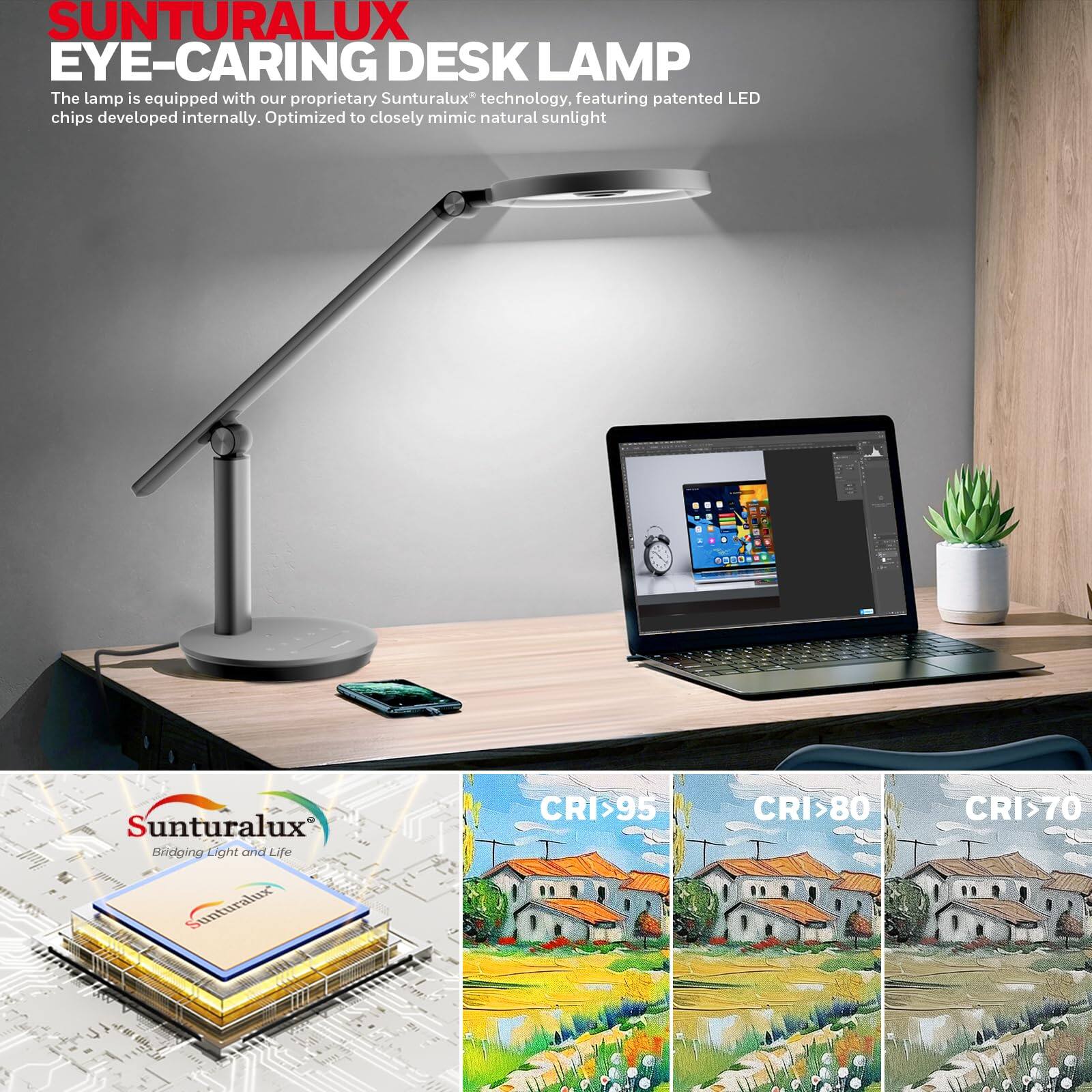 SUNTURALUX EYE-CARING DESK LAMP

The lamp is equipped with our proprietary Sunturalux* technology, featuring patented LED chips developed internally. Optimized to closely mimic natural sunlight.

Sunturalux  
Bridging Light and Life

CRI>95  
CRI>80  
CRI>70