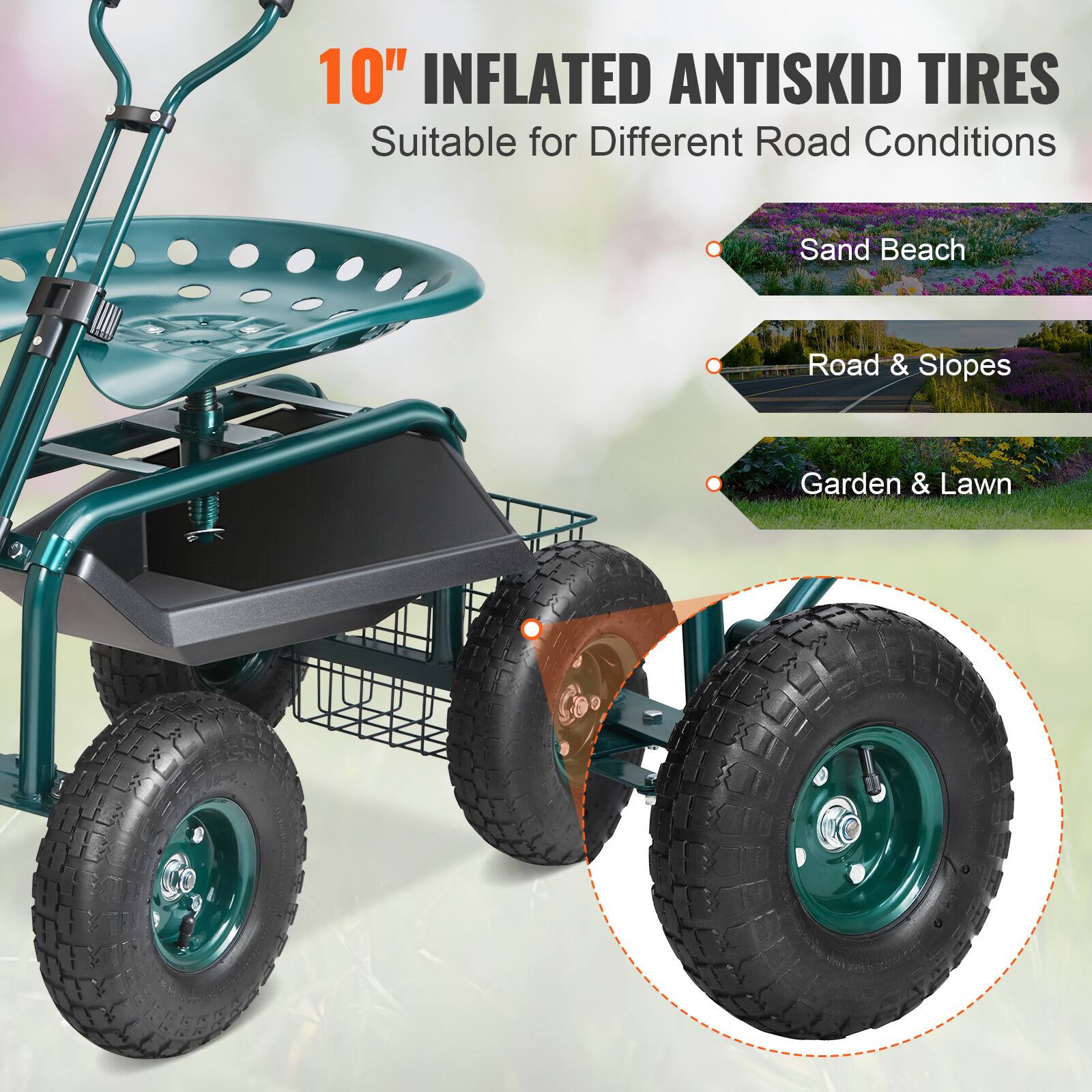 10" INFLATED ANTISKID TIRES Suitable for Different Road Conditions
Sand Beach
Road & Slopes
Garden & Lawn