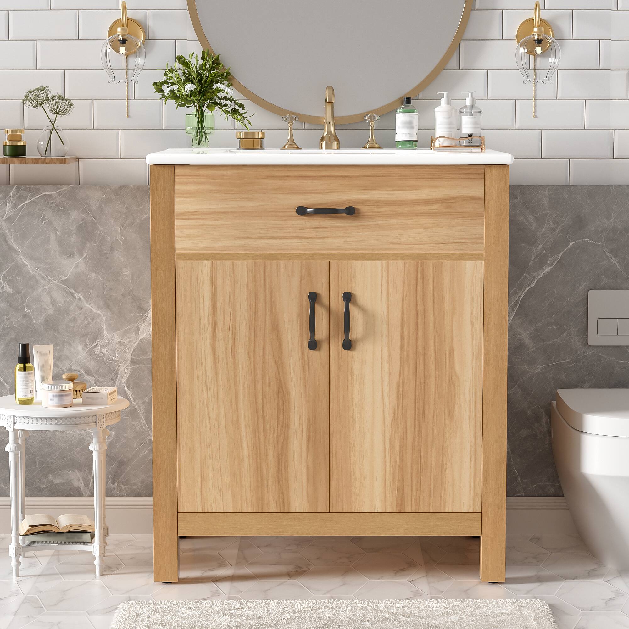 Angle. Whisen - 30" Bathroom Vanity with Ceramic Sink, Solid Wood Frame, 2 Soft-Close Doors, 1 Flip Drawer & Adjustable Shelf - Acacia Wood.