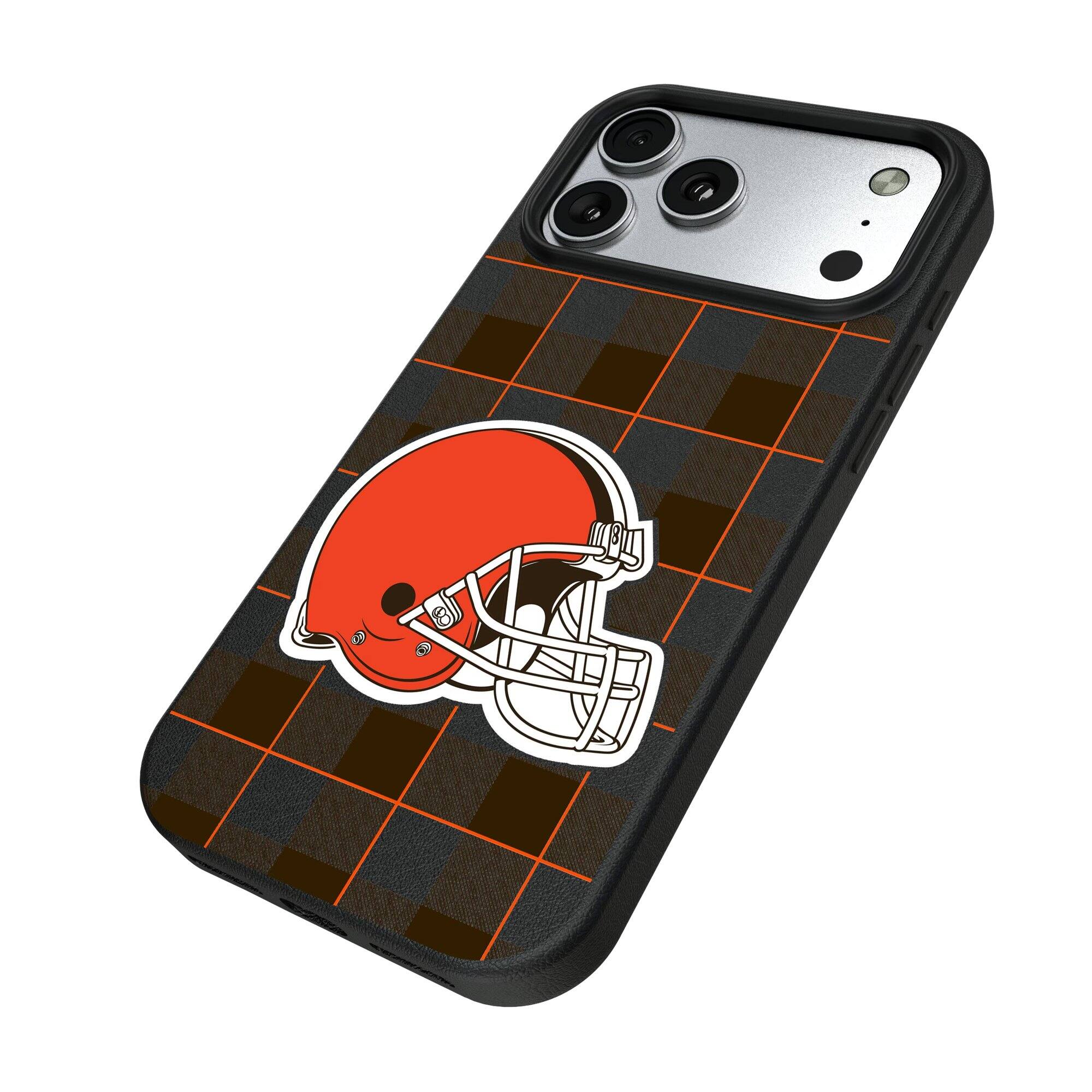 Alt View 1. Keyscaper - Cleveland Browns Plaid Magnetic Bump iPhone Case - 16 Plus - Black.