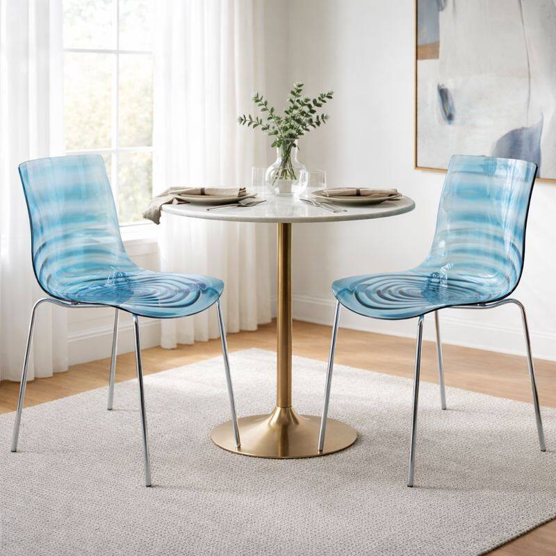Angle. LeisureMod - Astor 2-Pieces Modern Plastic Dining Chair with Ripple Pattern and Chrome Metal Legs - Transparent Blue.