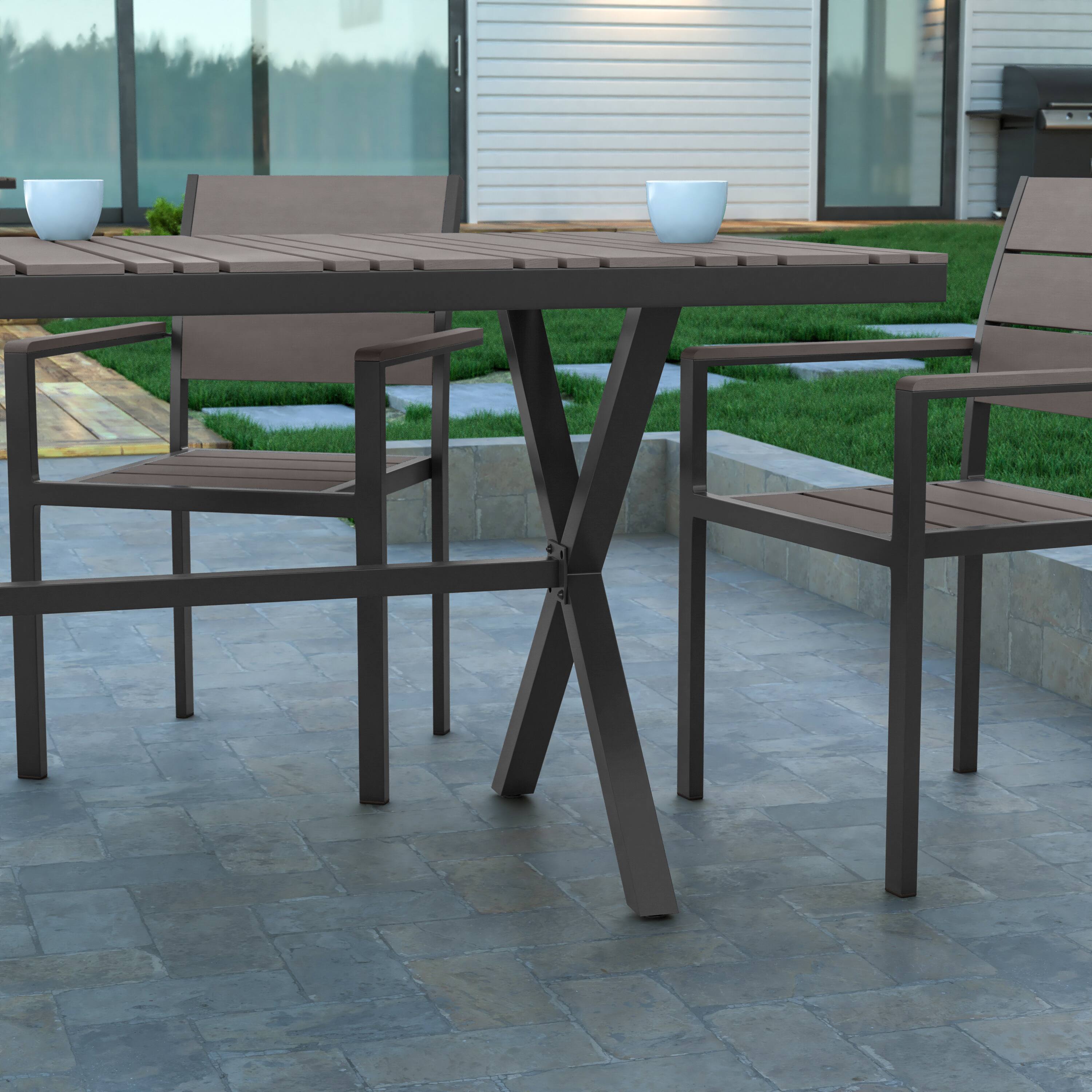 Alt View 4. Emma + Oliver - Fena 59" x 35.5" Outdoor X-Frame Dining Table with Faux Teak Poly Slat Top and Metal Frame - Gray Top/Gray Frame.